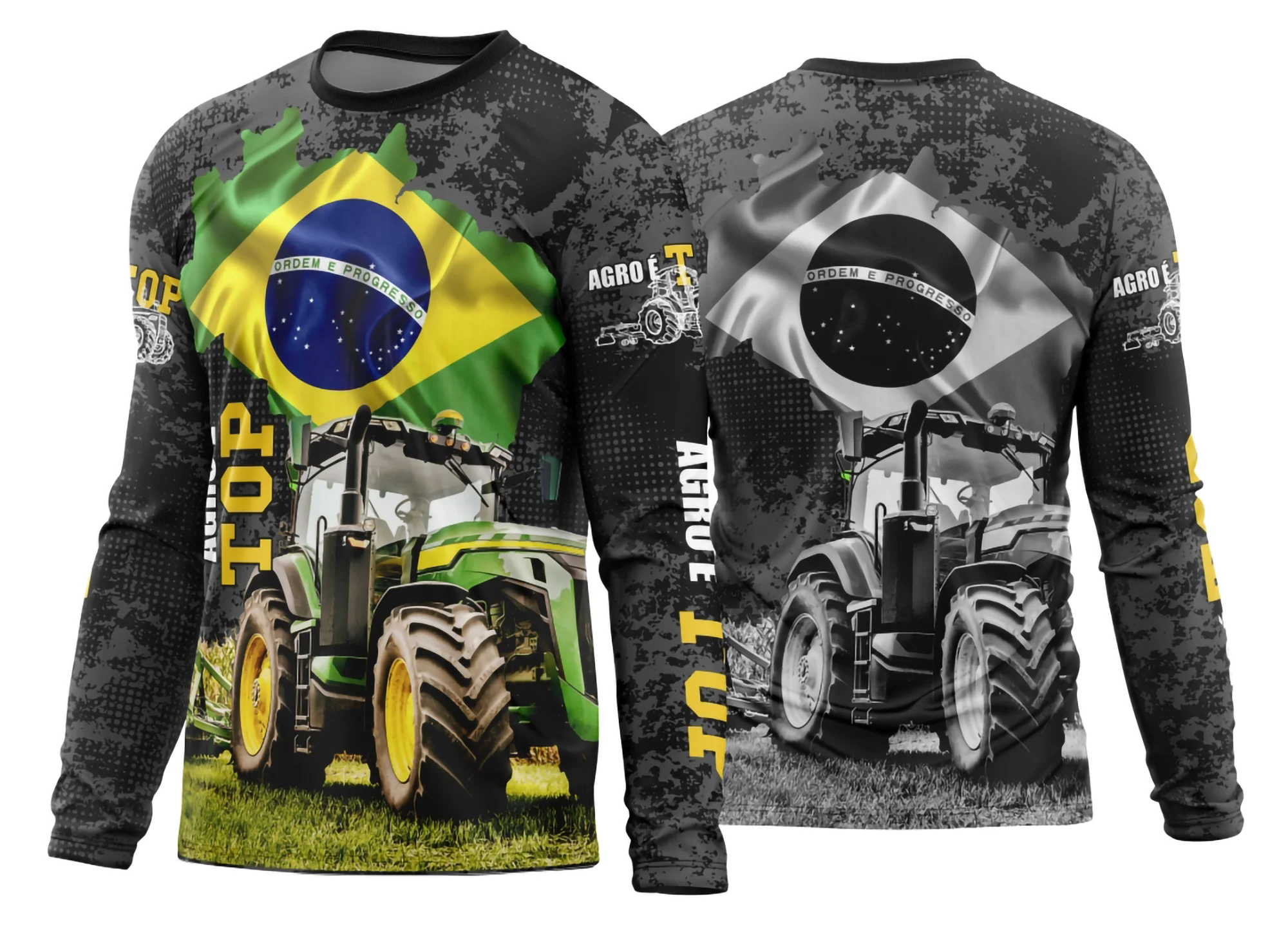 Camiseta unissex preta com logo no peito e estampa grande nas costas com tema agro 2026 modelo 04, destaque para design moderno e confortável de manga longa.