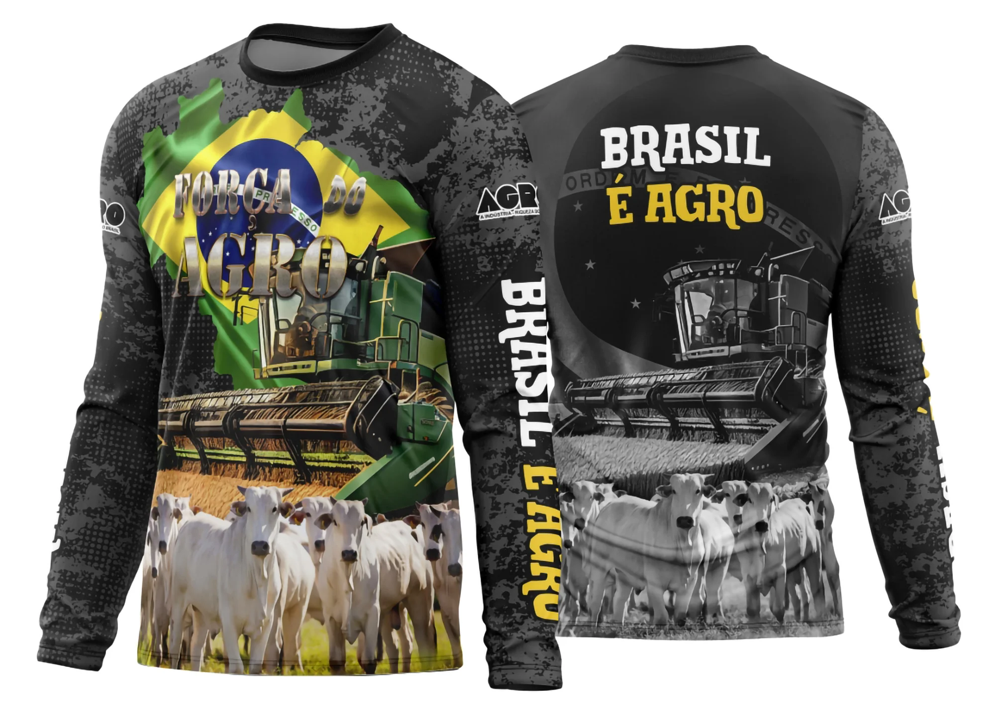 Foto de camisa unissex preta com logo no peito e estampa grande nas costas, tema Agro 2026 Modelo 07, modelo manga longa, estilo moderno e confortável para uso no campo ou na cidade.