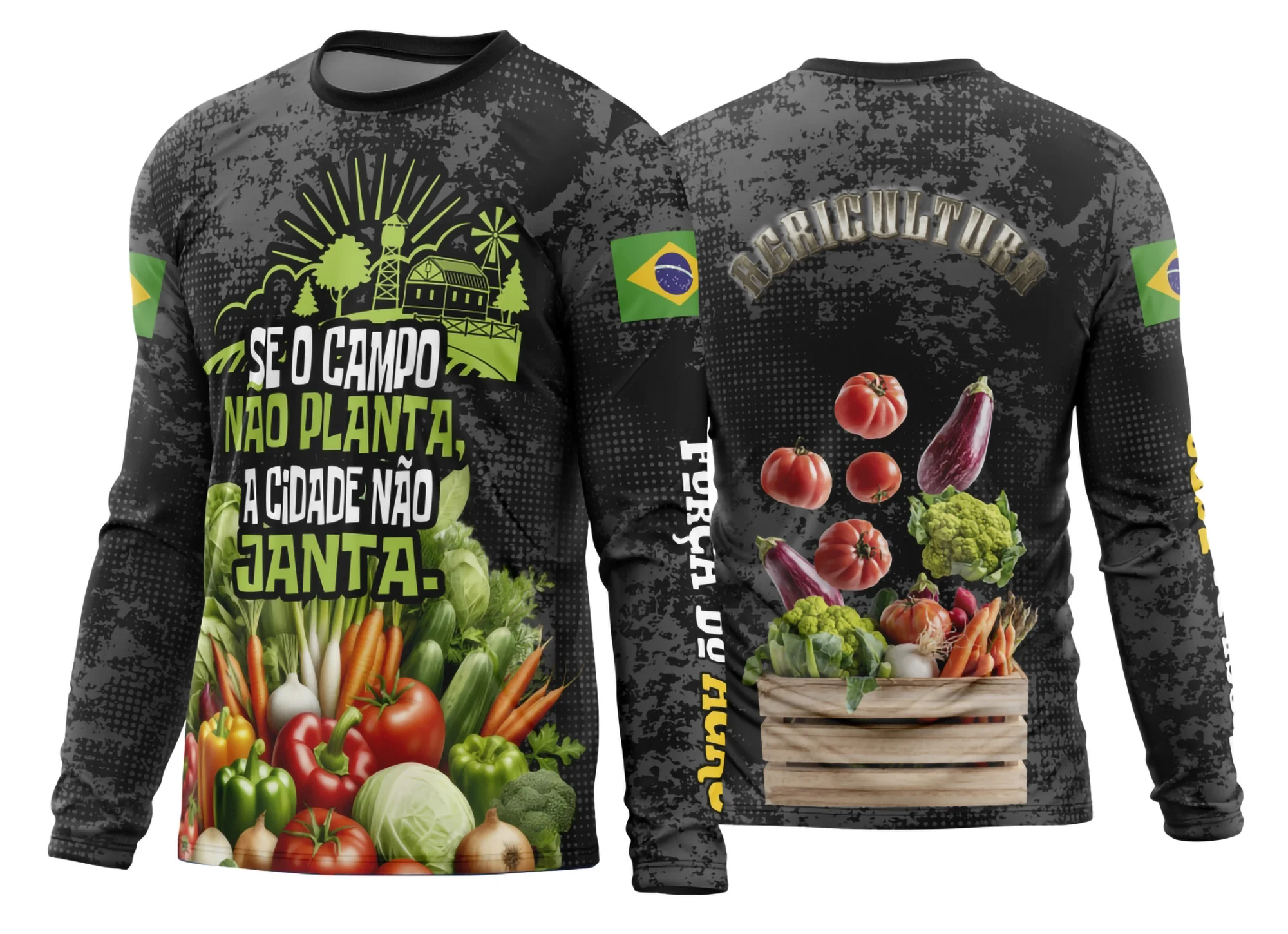 Camisa manga longa unissex na cor preta, com logo no peito e estampa grande nas costas, tema Agro 2026 Modelo 09, perfeita para ambientes rurais e urbanos.