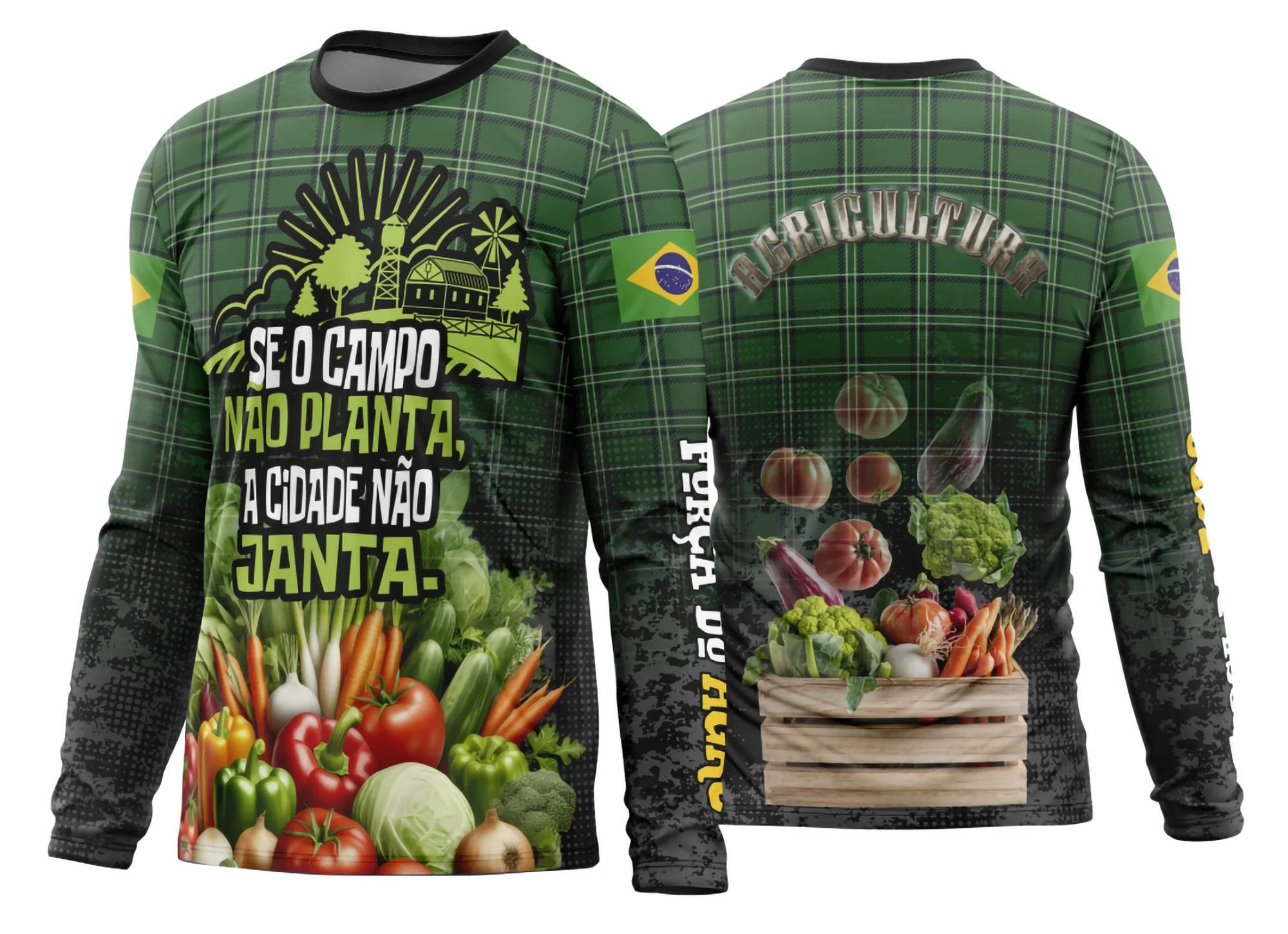 Foto de camiseta unissex preta com logo no peito e estampa grande nas costas com tema Agro 2026 Modelo 10, manga longa, ideal para quem busca estilo rústico e moderno.