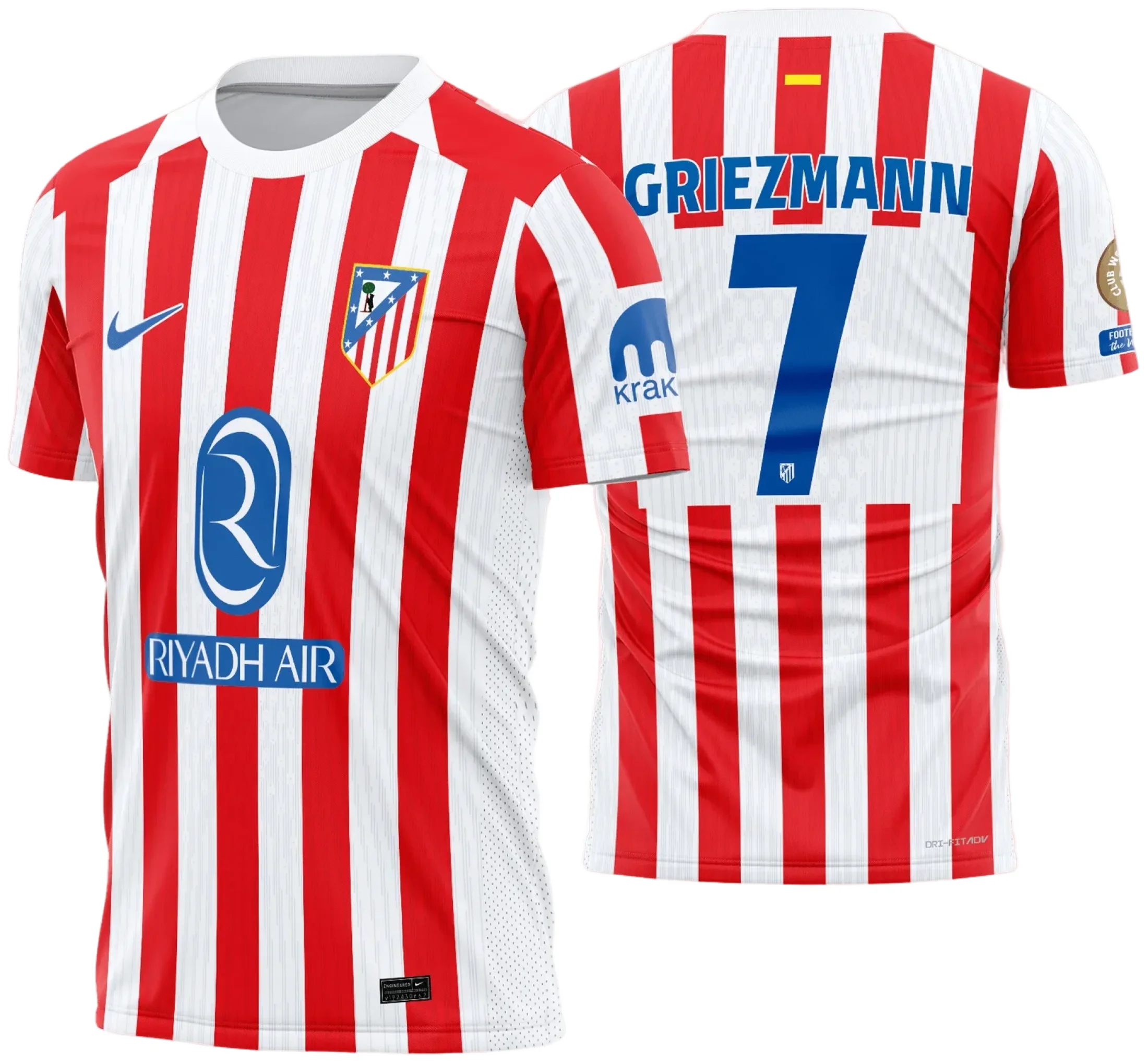 Camiseta unissex preta com logo no peito e estampa grande nas costas do Atletico de Madrid titular 2025 2026, ideal para fãs do time com estilo moderno e esportivo.