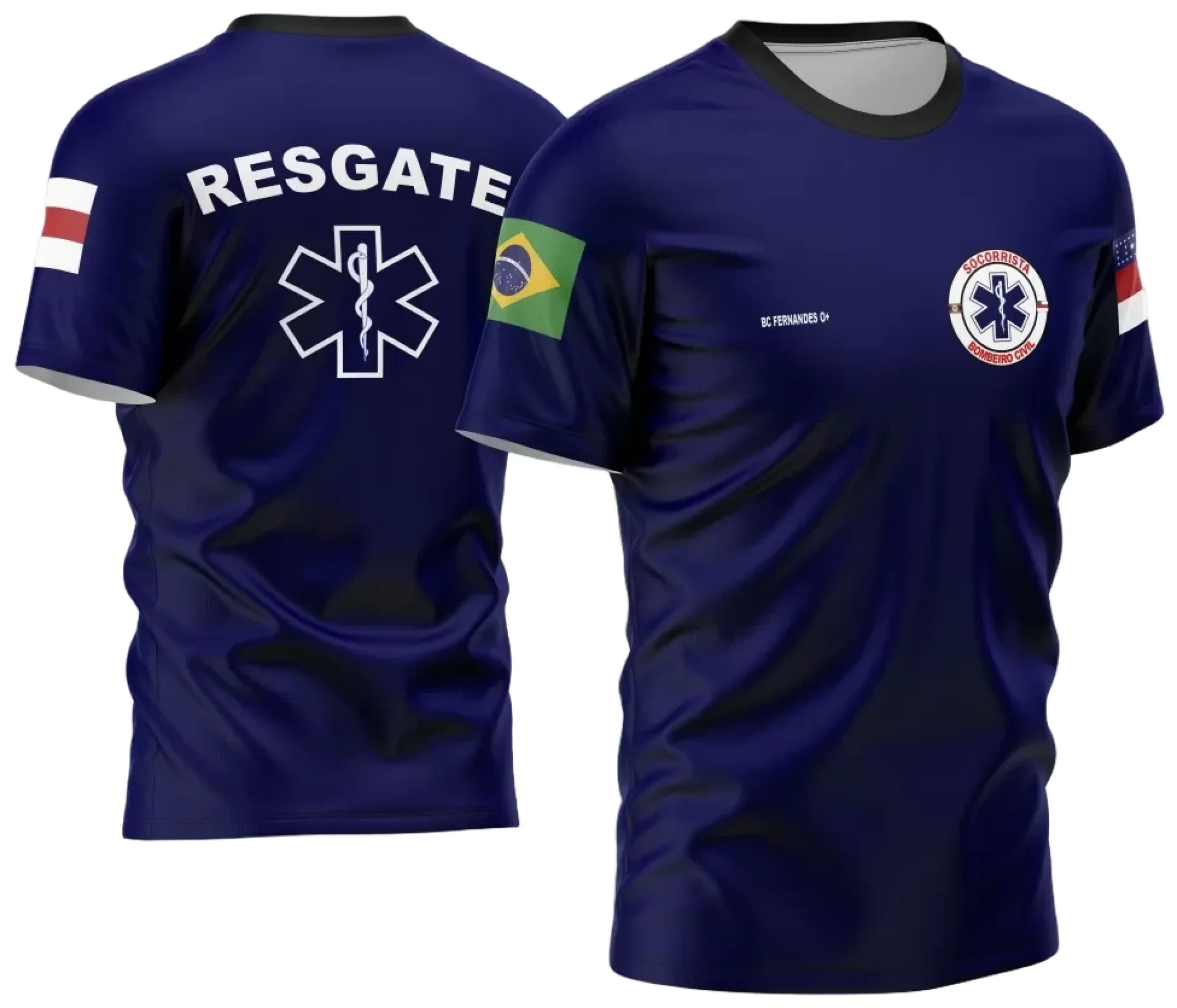 Camiseta unissex preta com logo no peito e estampa grande nas costas, tema Bombeiro Resgate 2024 Modelo 01, ideal para fãs e profissionais do resgate.