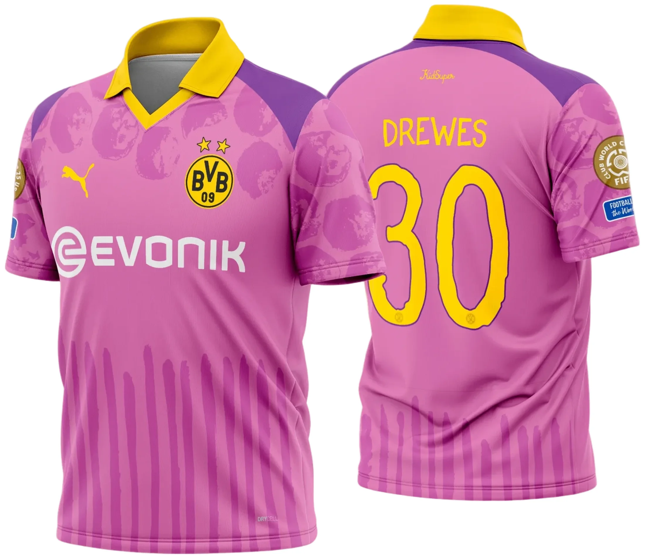 Camiseta preta unissex com logo no peito e estampa grande nas costas com design do Borussia Dortmund goleiro Copa do Mundo de Clubes 2025-2026, modelo esportivo e moderno.