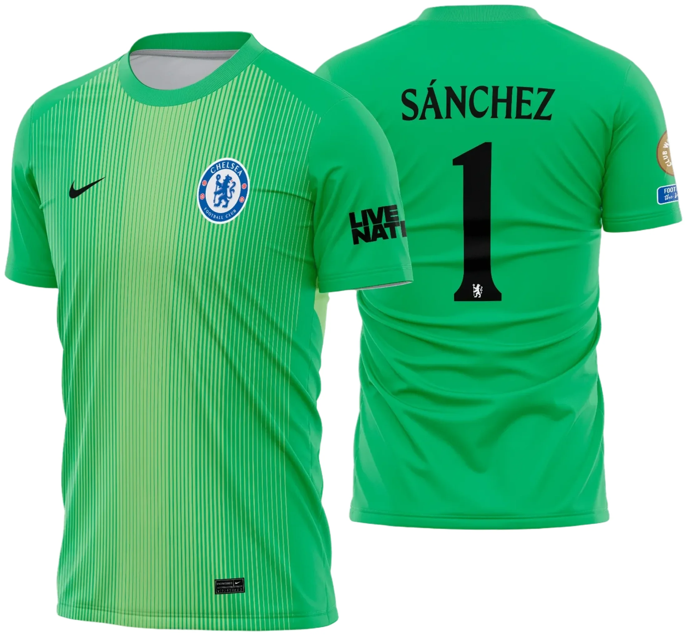Camiseta unissex preta com logo no peito e estampa grande nas costas inspirada no Chelsea Goleiro 2025 2026, ideal para fãs do futebol, com design moderno e detalhes vibrantes.