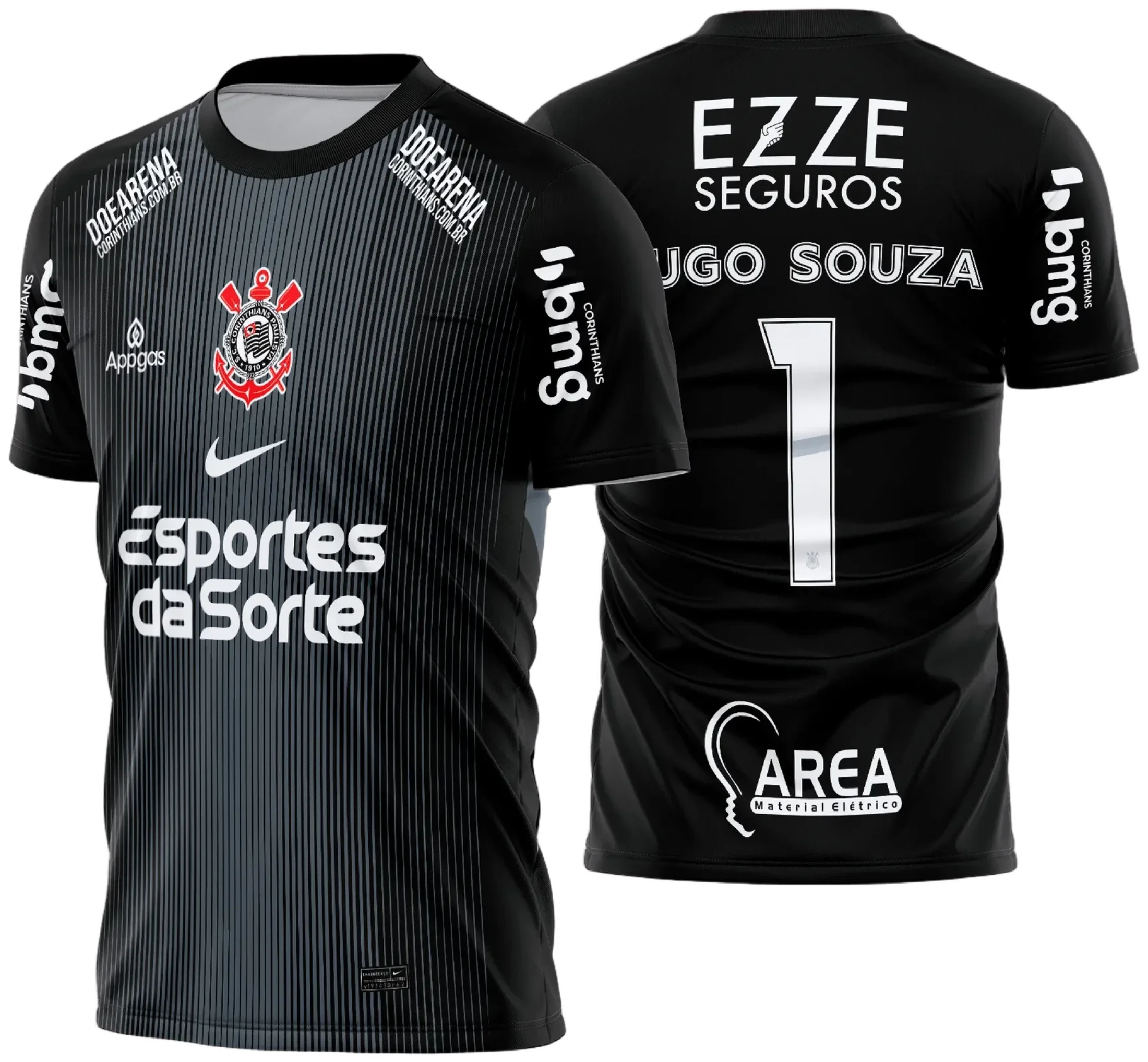 Camiseta unissex preta com logo no peito e estampa grande nas costas inspirada na camisa do Corinthians goleiro 2025-2026, ideal para torcedores e fãs do clube.
