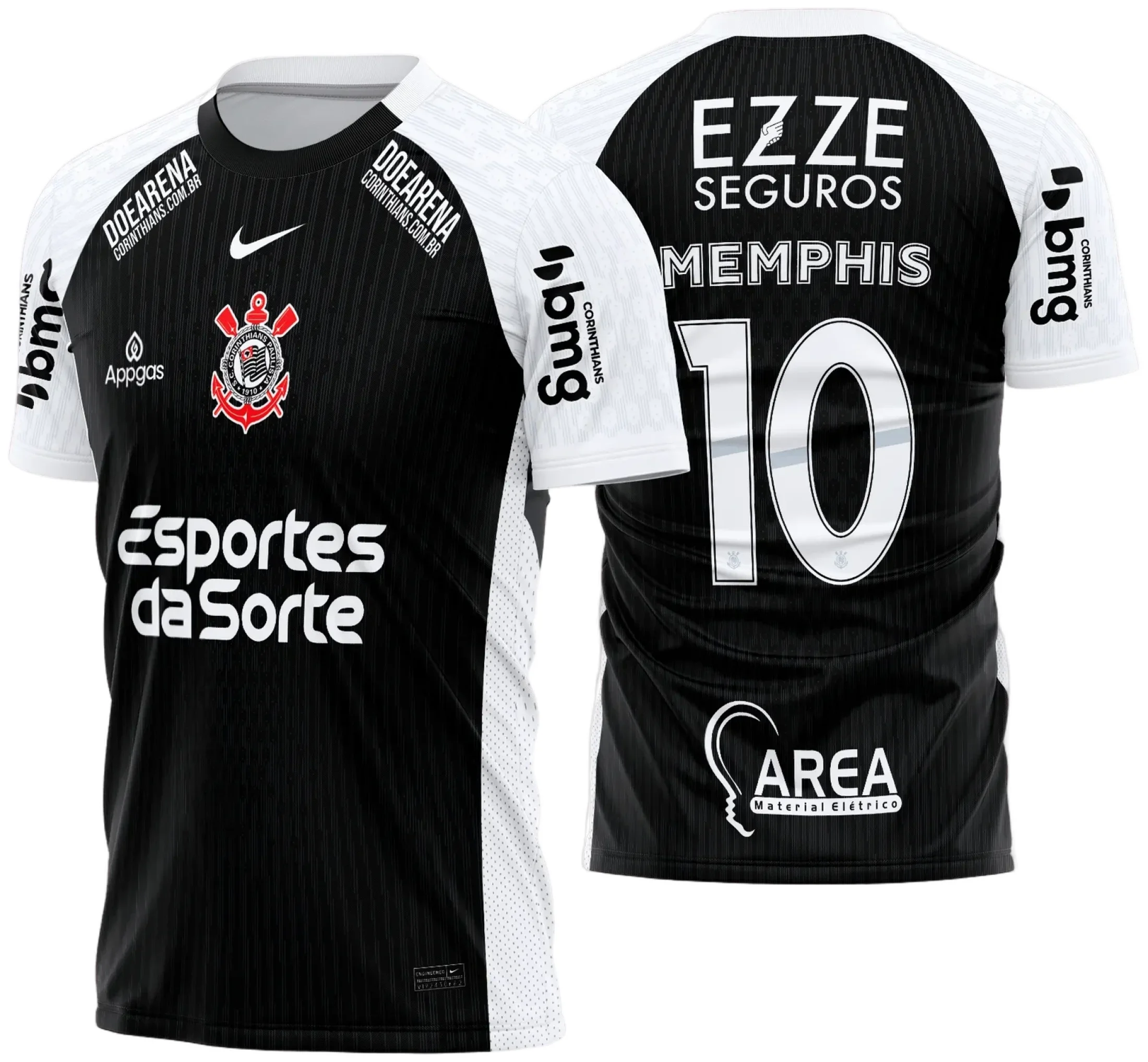 Camiseta unissex preta com logo do Corinthians no peito e estampa grande nas costas da camisa reserva 2025 2026, design moderno e detalhado em estilo esportivo