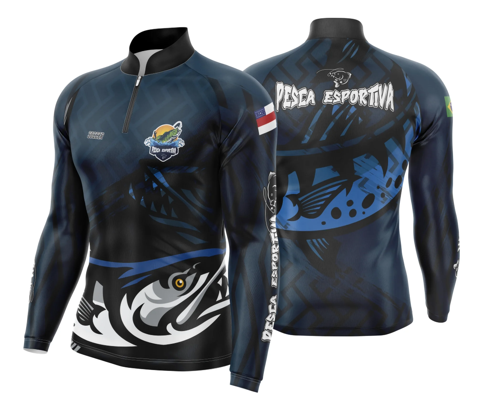 Camiseta unissex branca com logo no peito e estampa grande nas costas mostrando temática de pesca esportiva modelo 01, ideal para amantes do esporte.