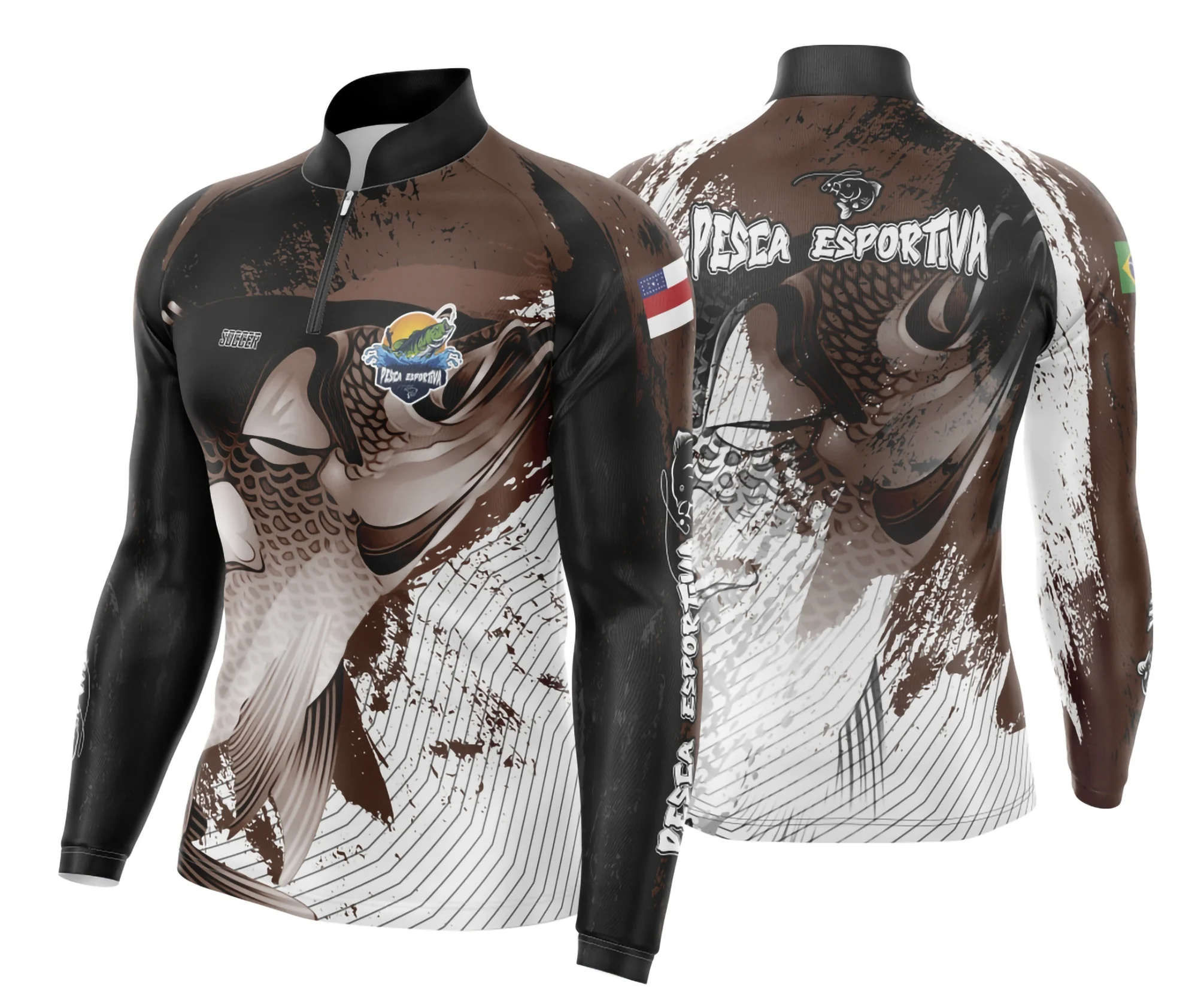 Camiseta unissex preta com logo no peito e estampa grande nas costas, destacando pesca esportiva modelo 07 com design vibrante e moderno para amantes do esporte.