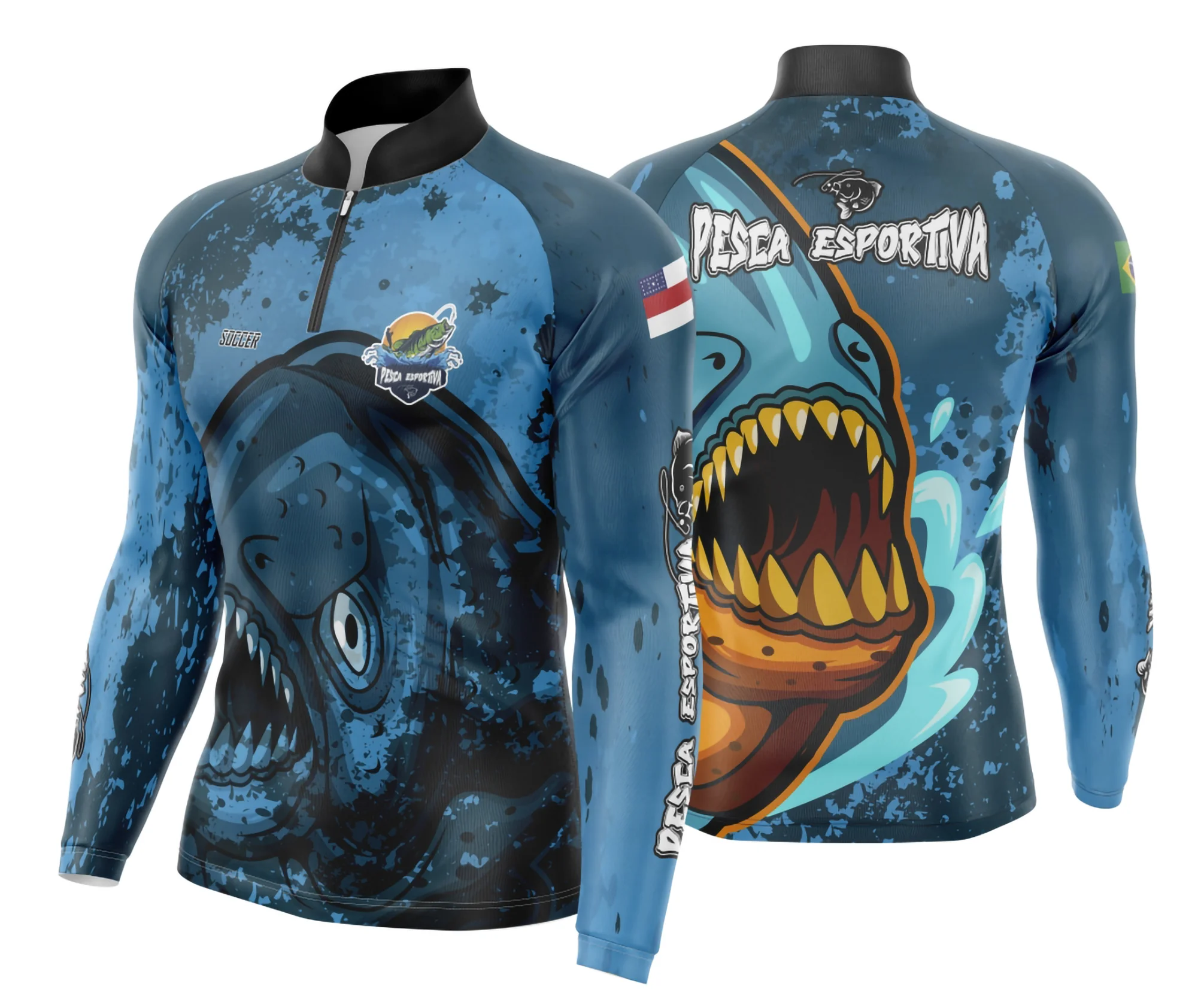 Camiseta unissex preta com logo no peito e estampa grande nas costas, tema pesca esportiva, modelo 12, perfeita para fãs de pesca e atividades ao ar livre.