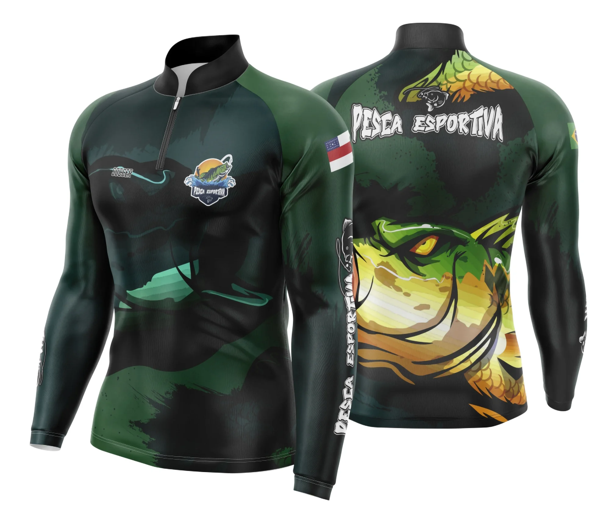 Camiseta unissex preta com logo no peito e estampa grande nas costas mostrando pesca esportiva, perfeita para fãs de aventura e natureza.