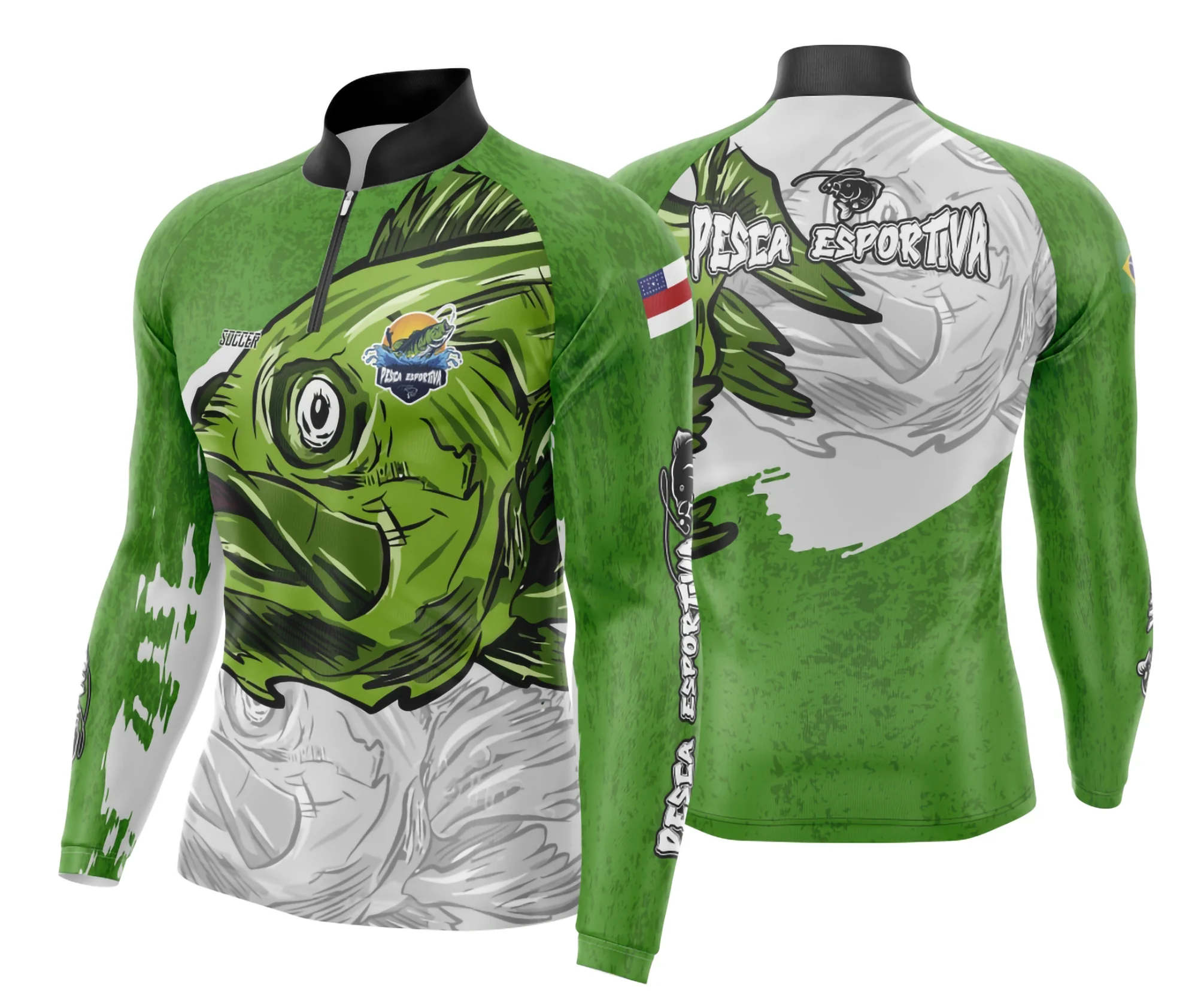 Camiseta unissex branca com logo no peito e estampa grande nas costas, tema pesca esportiva modelo 21, visual moderno e perfeito para amantes da pesca.