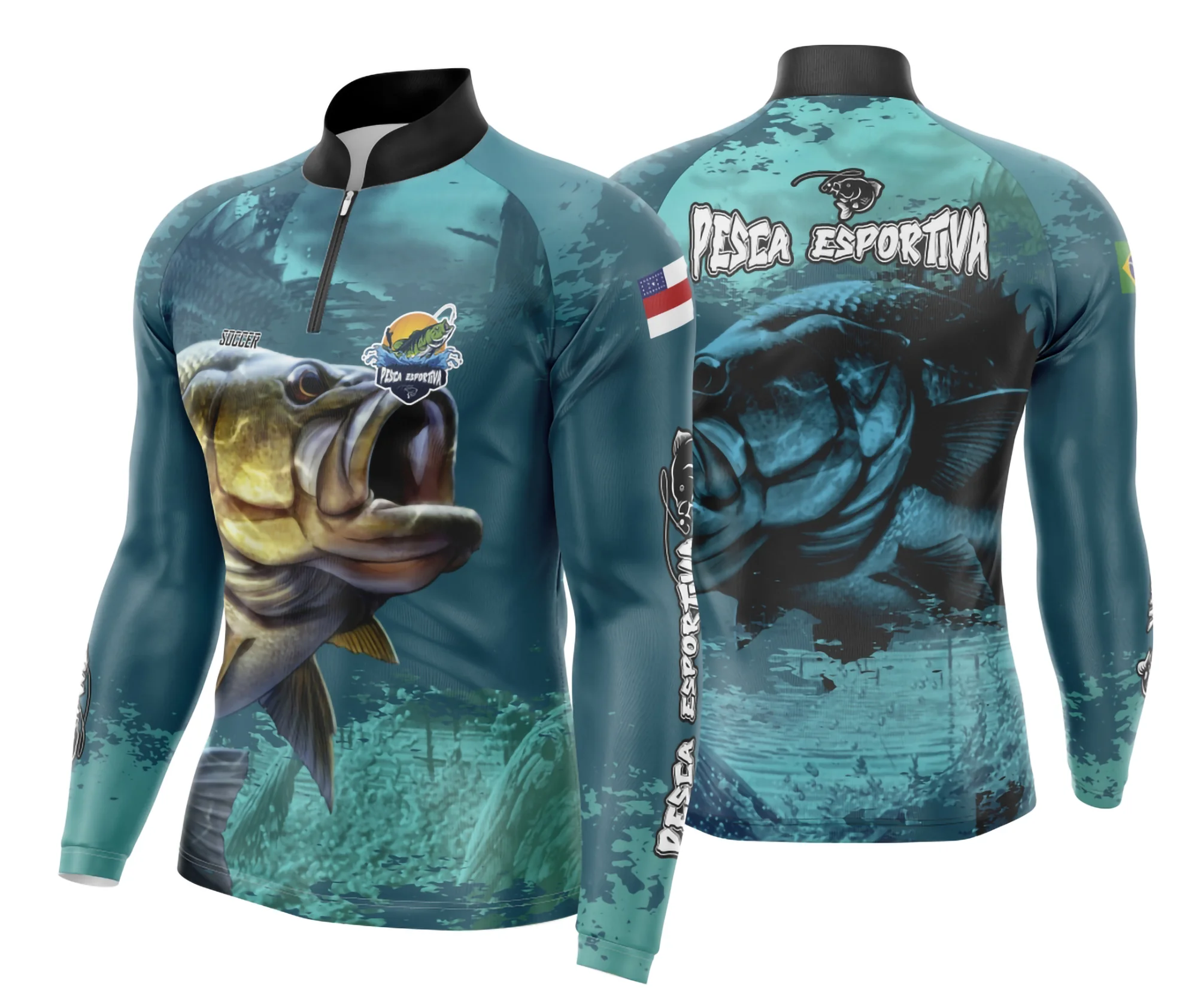 Camiseta unissex preta com logo no peito e estampa grande nas costas mostrando pesca esportiva, ideal para quem ama aventuras ao ar livre e esportes náuticos.