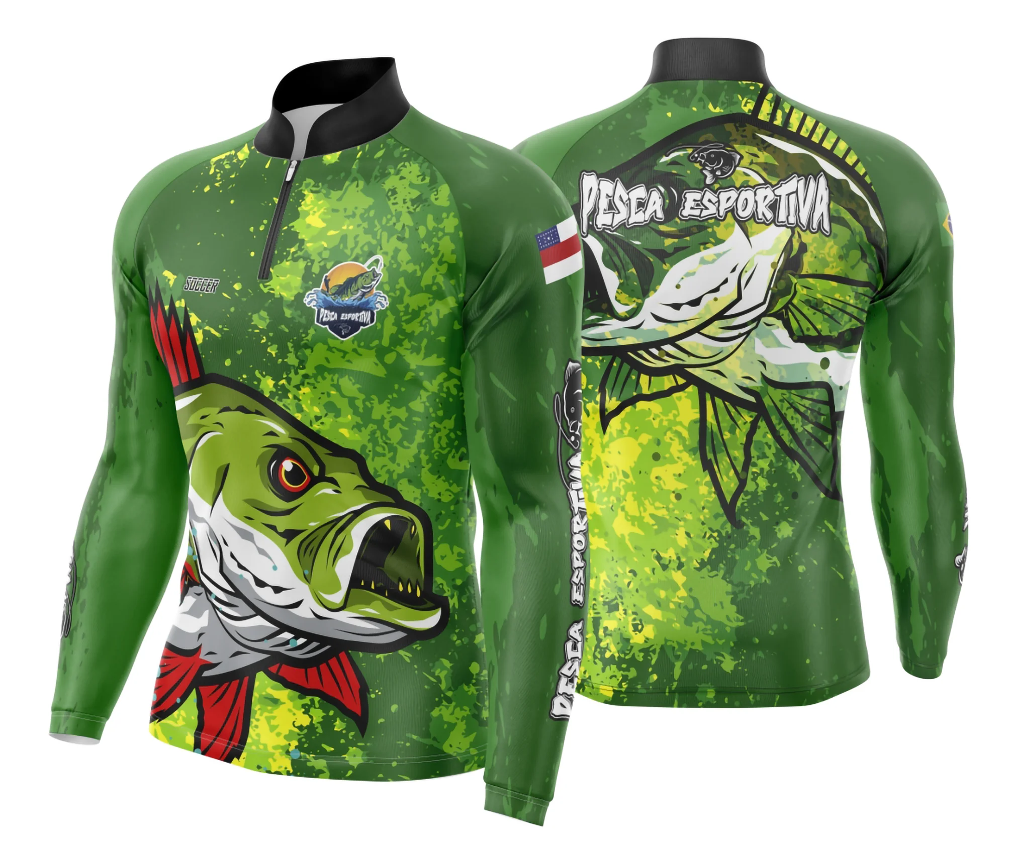Camiseta unissex preta com logo no peito e estampa grande nas costas de pesca esportiva modelo 23, ideal para amantes da pesca.