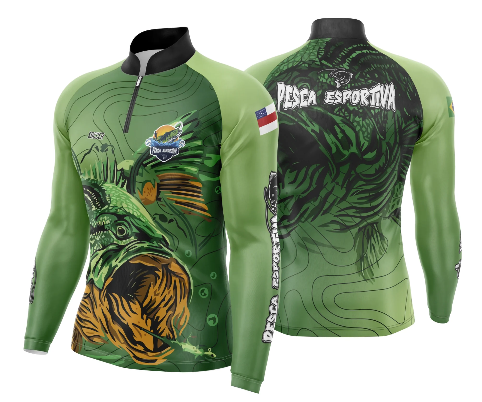 Camiseta unissex preta com logo no peito e estampa grande nas costas inspirada em pesca esportiva, destacando estilo e conforto para aventuras ao ar livre.