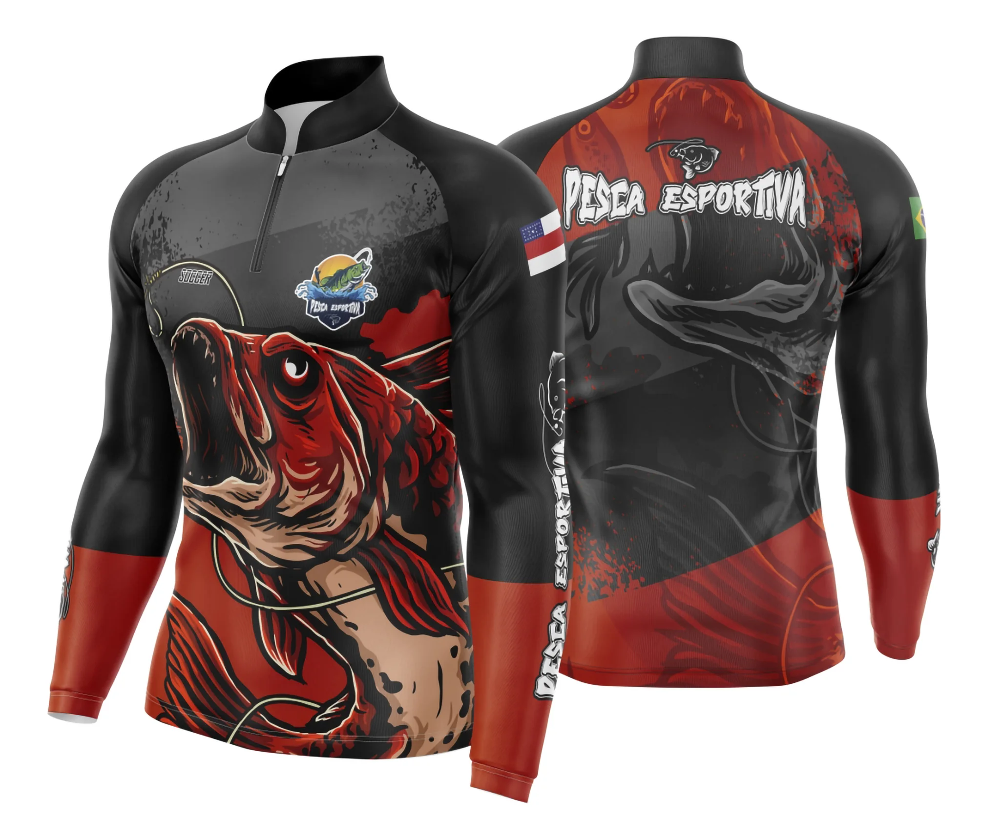 Camiseta unissex preta com logo no peito e estampa grande nas costas de pesca esportiva, modelo 27, ideal para aventuras ao ar livre com estilo moderno e confortável.