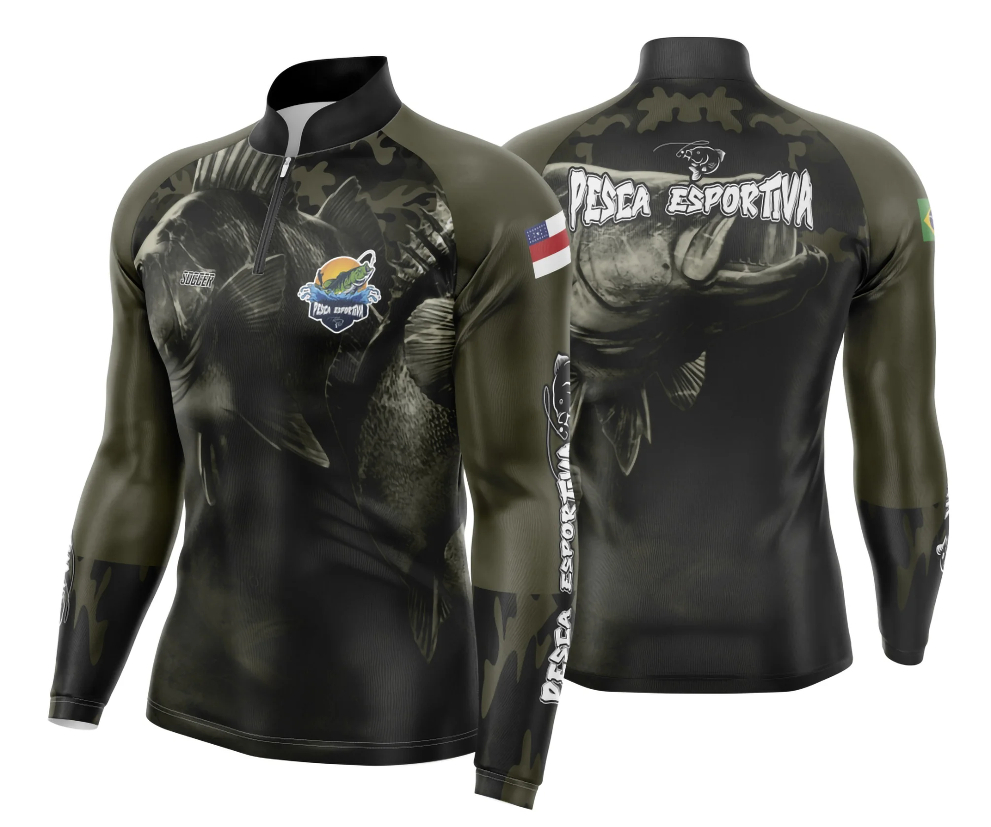 Camiseta unissex preta com logo no peito e estampa grande nas costas tema Camisa De Pesca Esportiva Modelo 28, ideal para quem ama pesca e esportes ao ar livre.