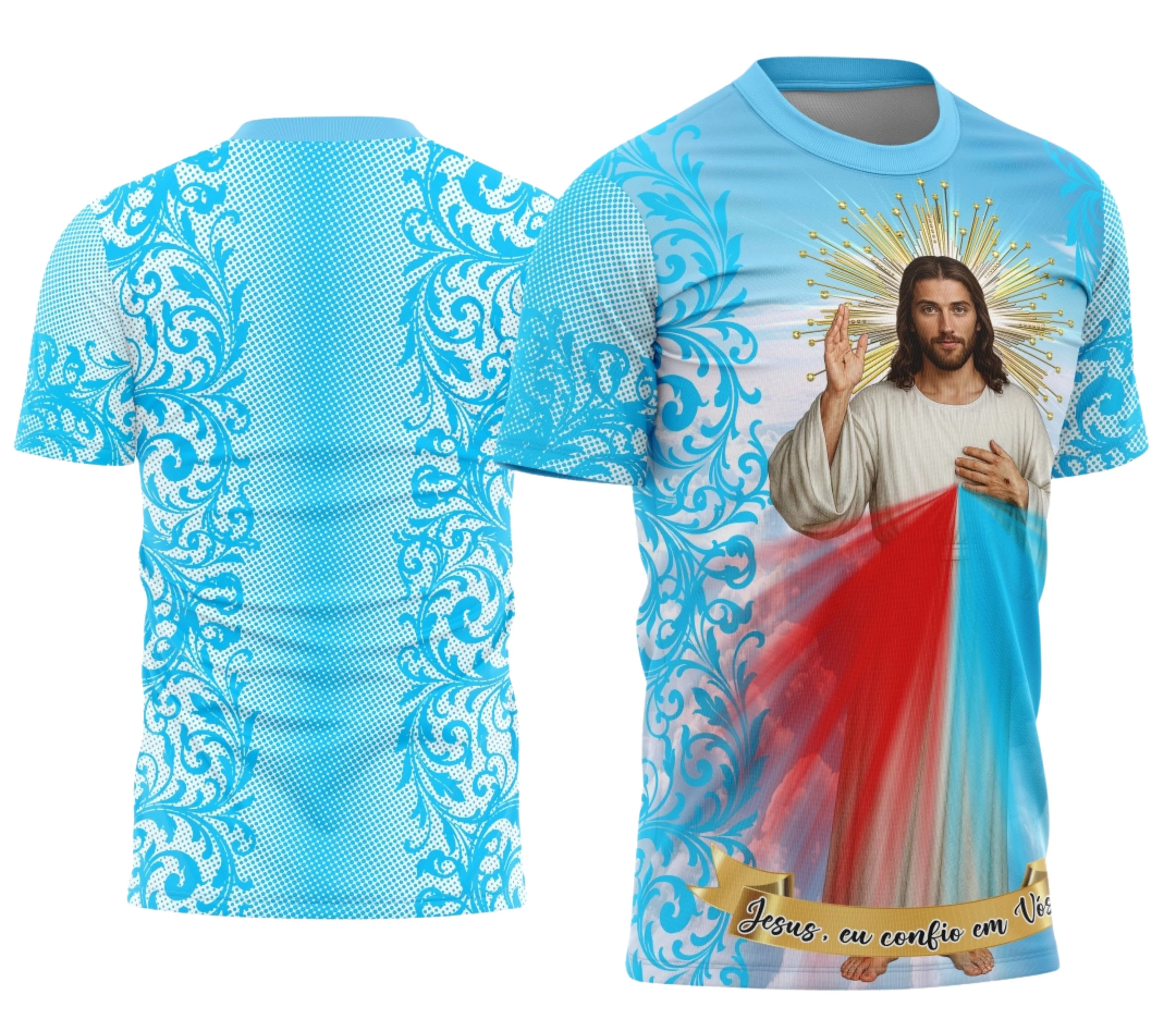 Camisa com logo no peito e estampa grande nas costas exibindo imagem detalhada e inspiradora de Jesus Cristo, perfeita para expressar fé com estilo marcante e moderno.