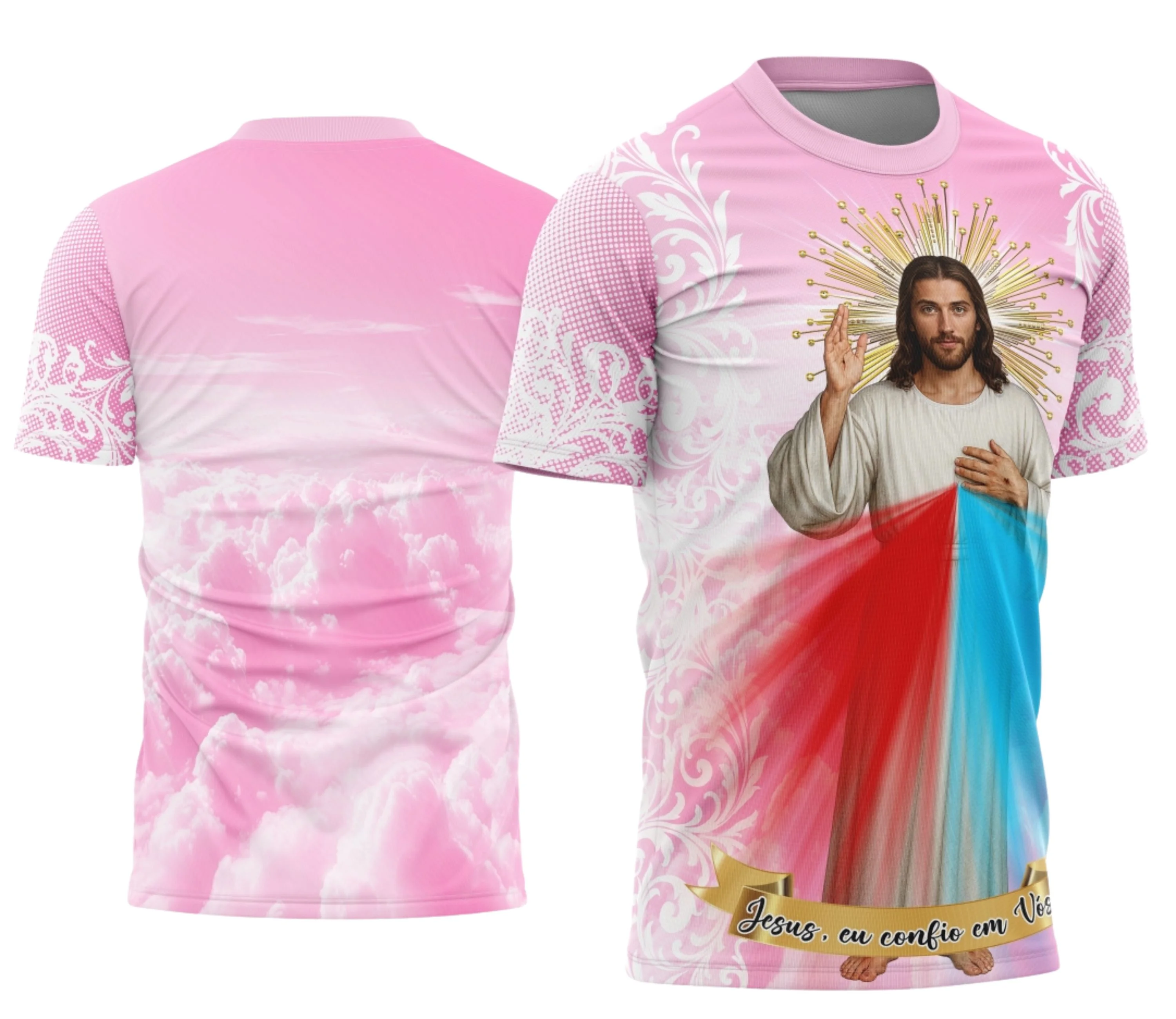 Camisa com logo no peito representando fé e devoção, destaque para estampa grande nas costas com arte detalhada e mensagem inspiradora ligada a Jesus, ideal para quem busca demonstrar sua crença com estilo e personalidade.