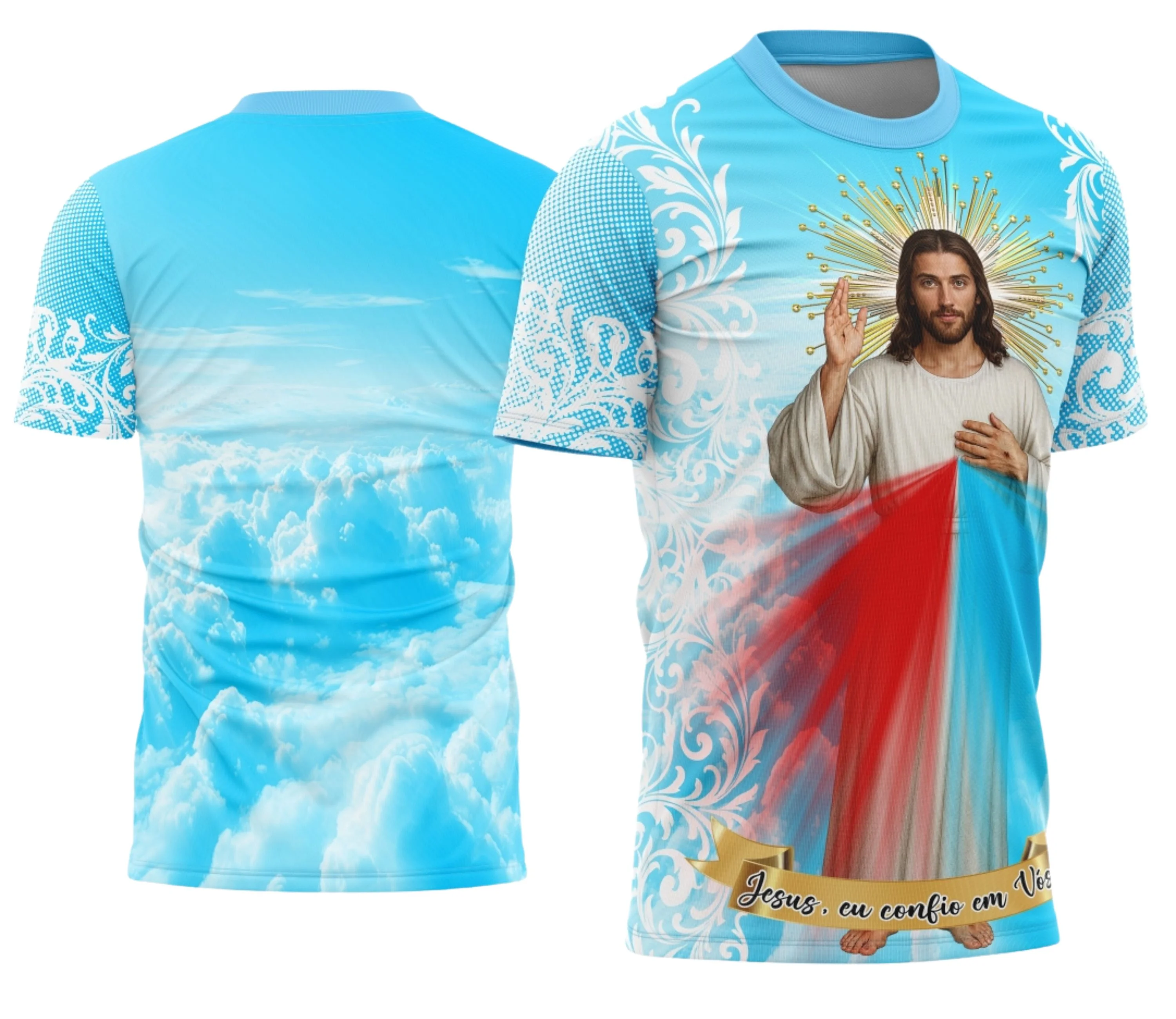 Camisa com logo no peito destacando frase de fé e estampa grande nas costas com imagem religiosa que inspira confiança e espiritualidade para o dia a dia.