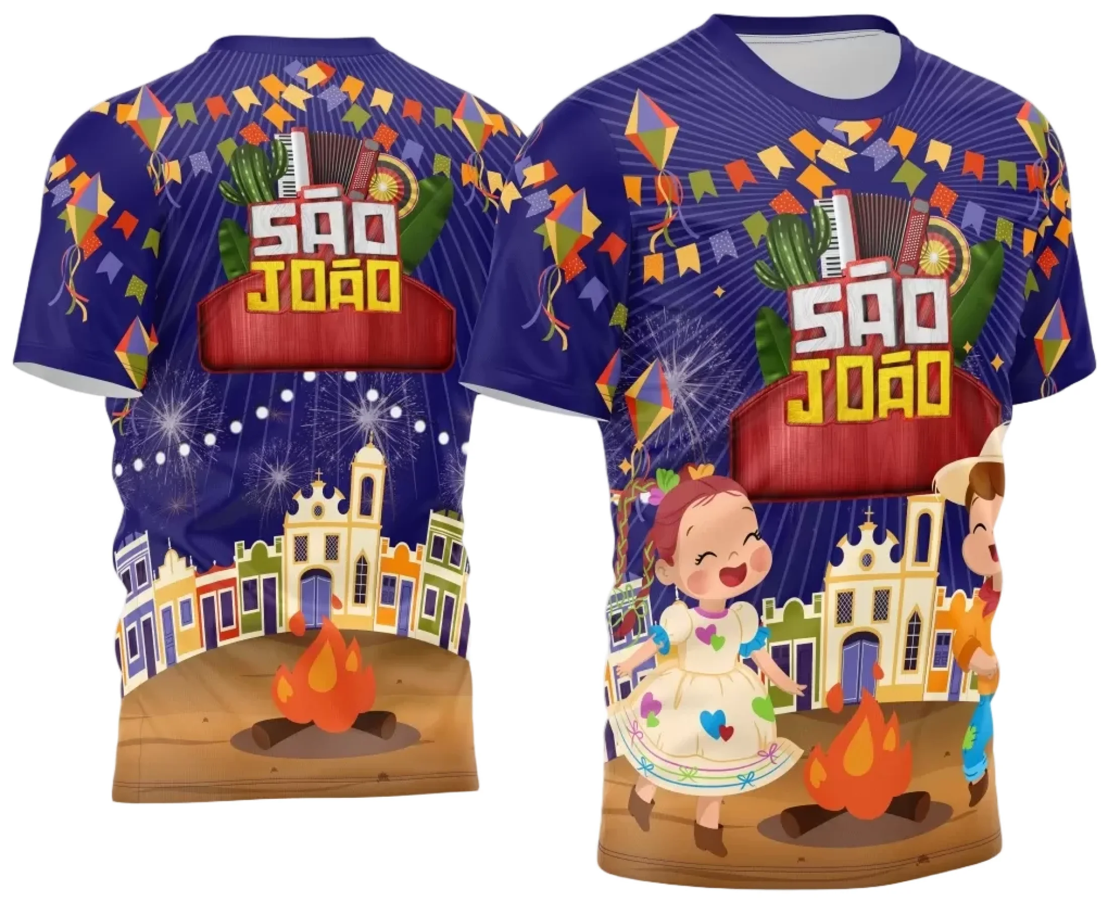 Camiseta unissex com base branca, logo no peito e estampa grande nas costas destacando tema Festa Junina Arraiá 2025, perfeita para comemorações juninas com estilo e autenticidade.