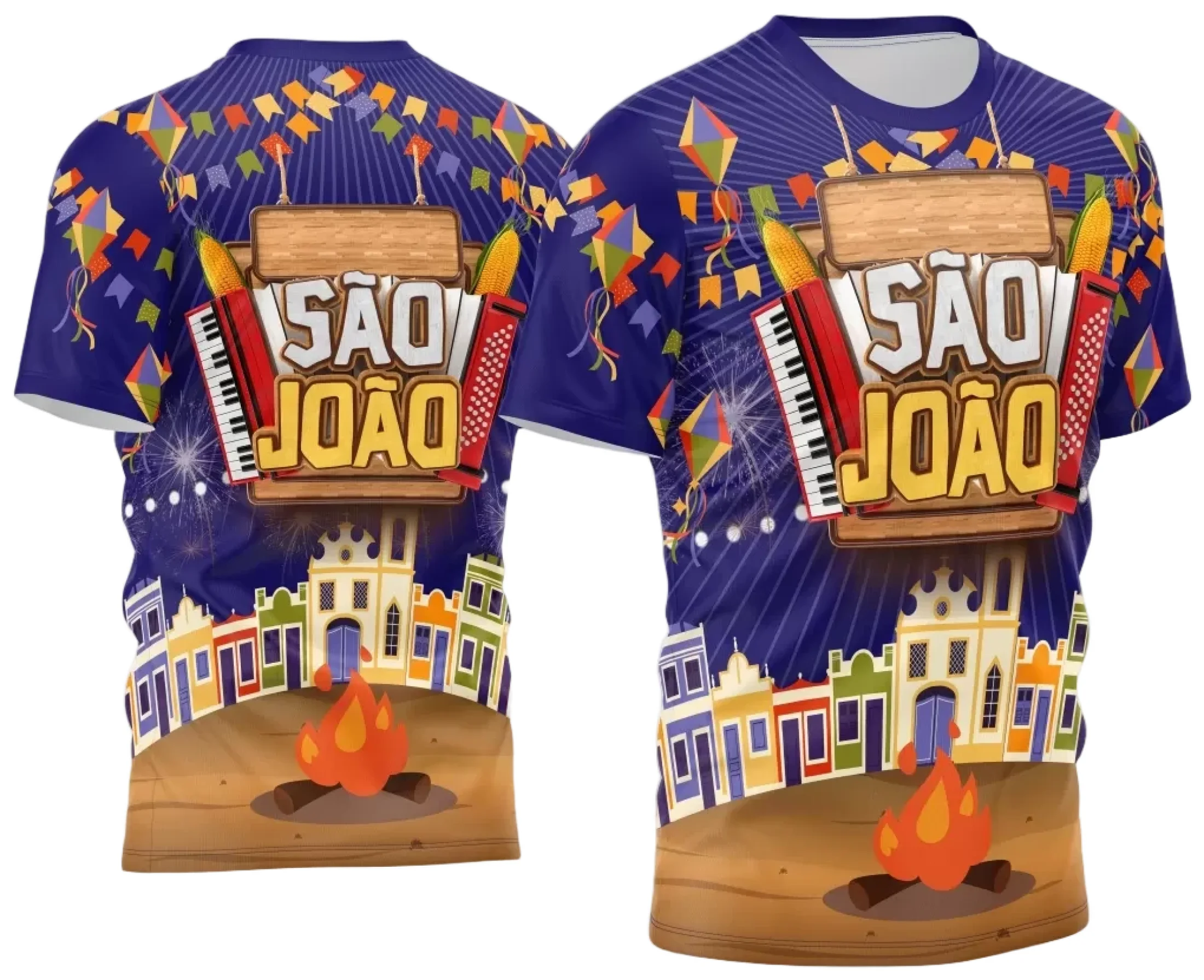 Camiseta unissex branca com logo no peito e estampa grande nas costas com tema Festa Junina Arraiá 2025, ideal para quem quer curtir a festa com estilo e conforto.