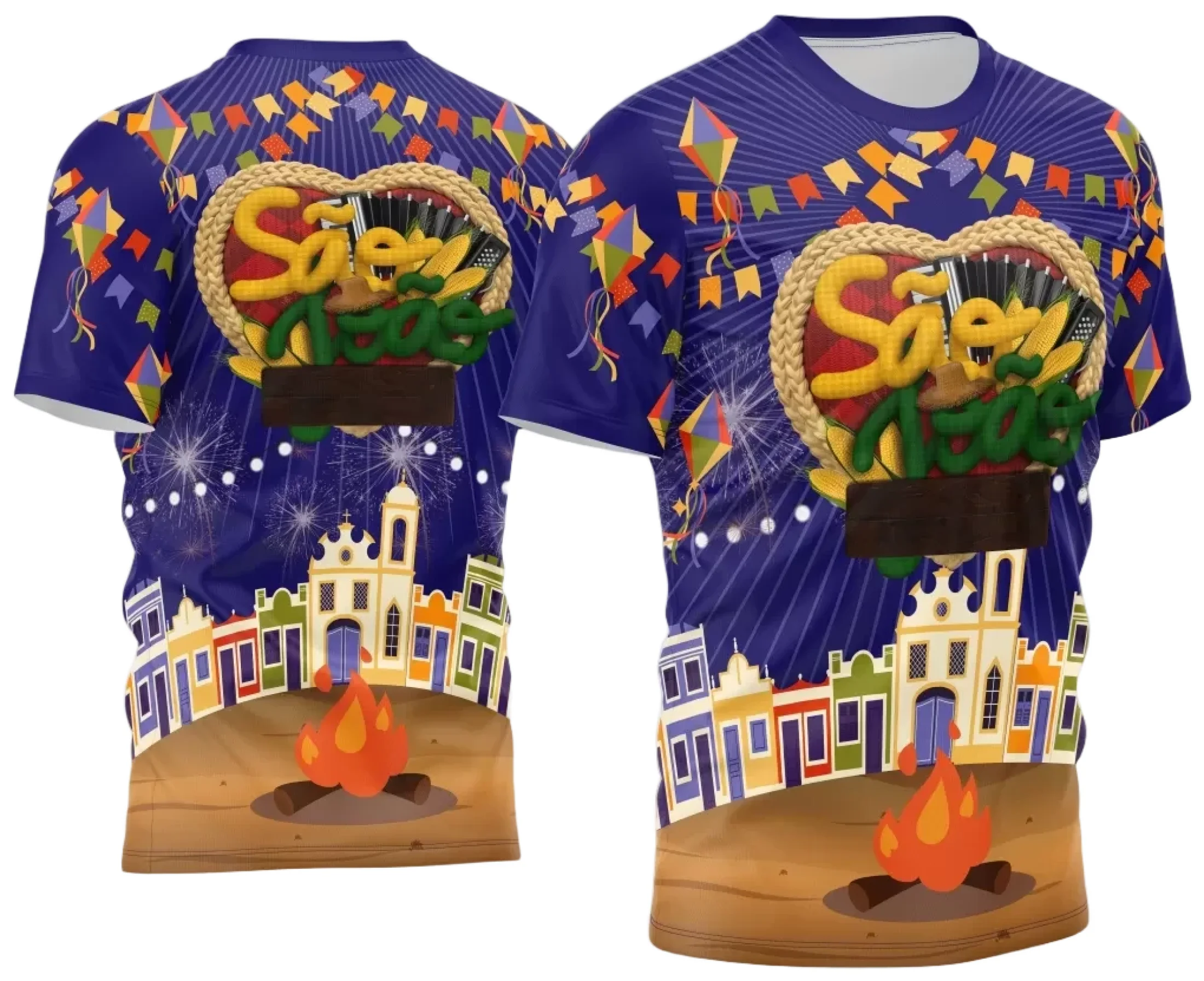 Camiseta unissex branca com logo no peito e estampa grande nas costas com tema de festa junina arraiá 2025, design animado e colorido para ocasiões tradicionais e festivas.