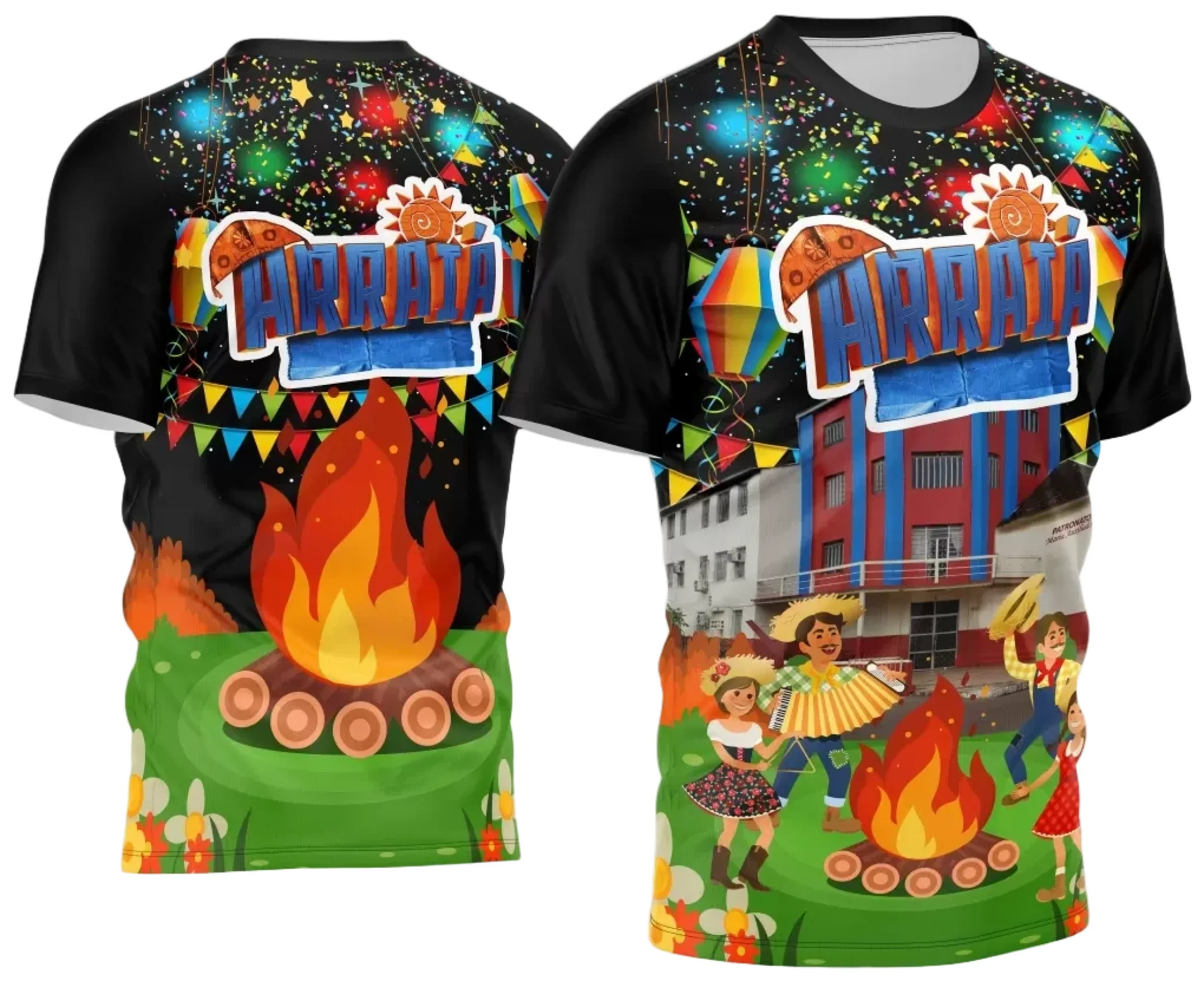 Camiseta unissex branca com logo no peito e estampa grande nas costas com tema Festa Junina Arraiá 2025, ideal para comemorações típicas com design colorido e alegre