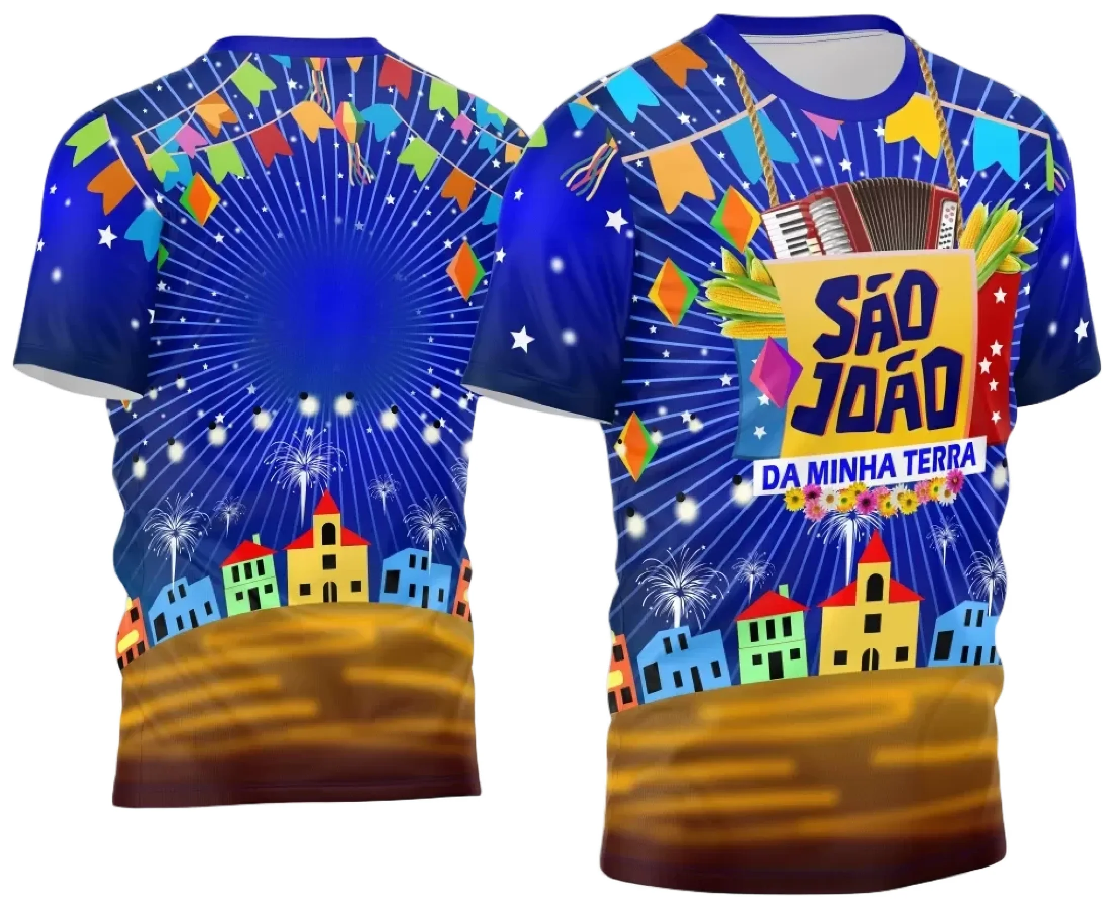 Camiseta unissex branca com logo no peito e estampa grande nas costas com tema Festa Junina Arraiá 2025, perfeita para celebrar com estilo e autenticidade em festas juninas.