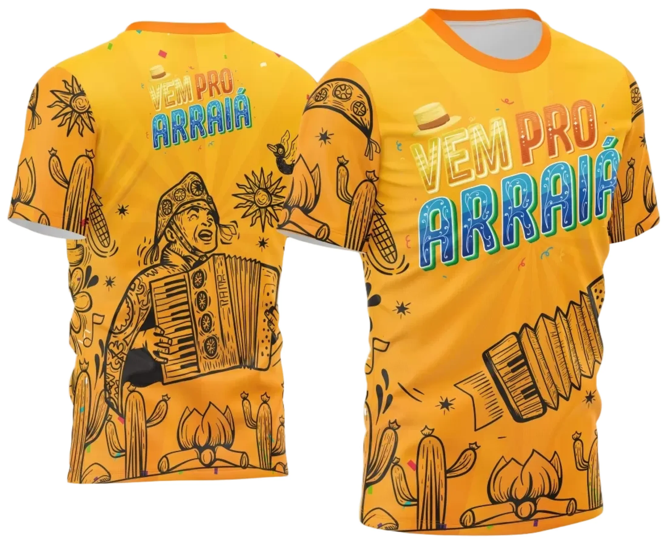 Camiseta unissex branca com logo no peito e estampa grande nas costas com tema Festa Junina Arraiá 2025, perfeita para ocasiões festivas e clima de celebração junina.