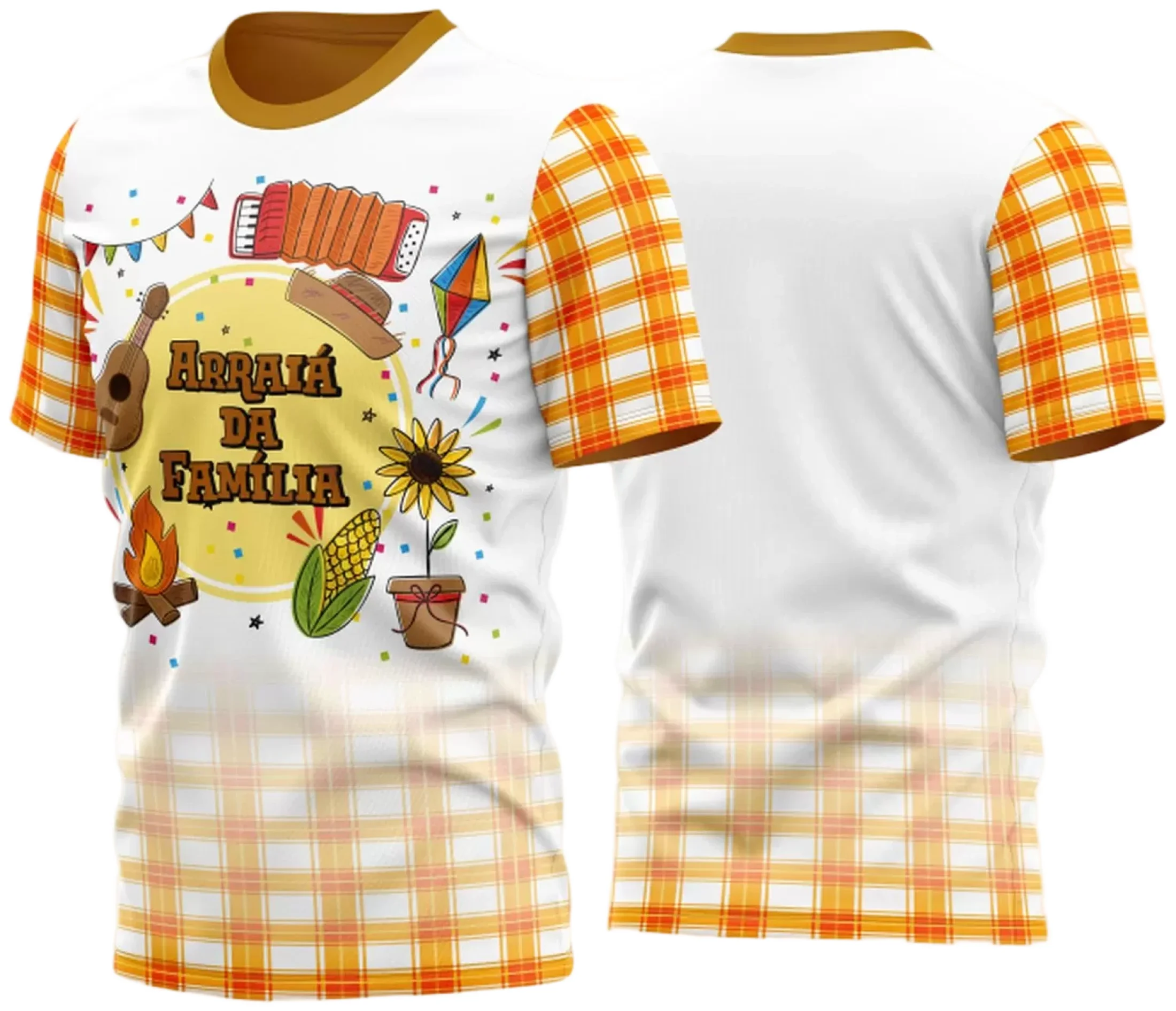 Camiseta unissex branca com logo no peito e estampa grande nas costas tema Festa Junina Arraiá 2025, ideal para celebrações juninas animadas e eventos tradicionais.