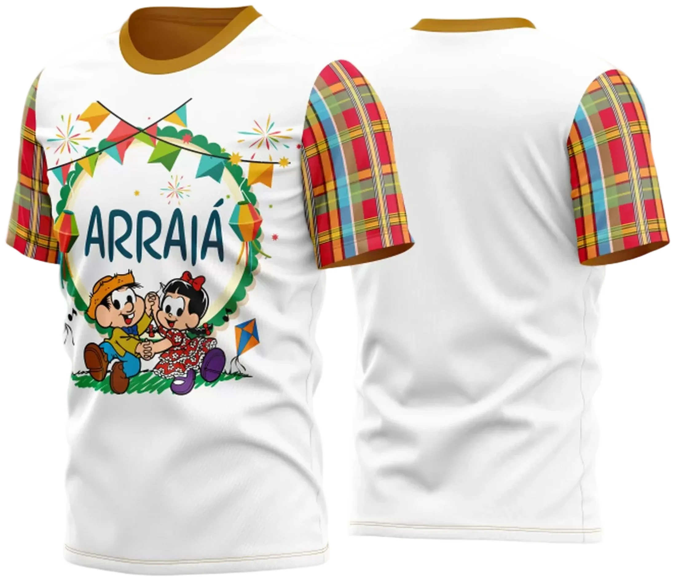 Camiseta unissex branca com logo no peito e estampa grande nas costas com tema Festa Junina Arraiá 2025, perfeita para celebrar a tradição com estilo e conforto.