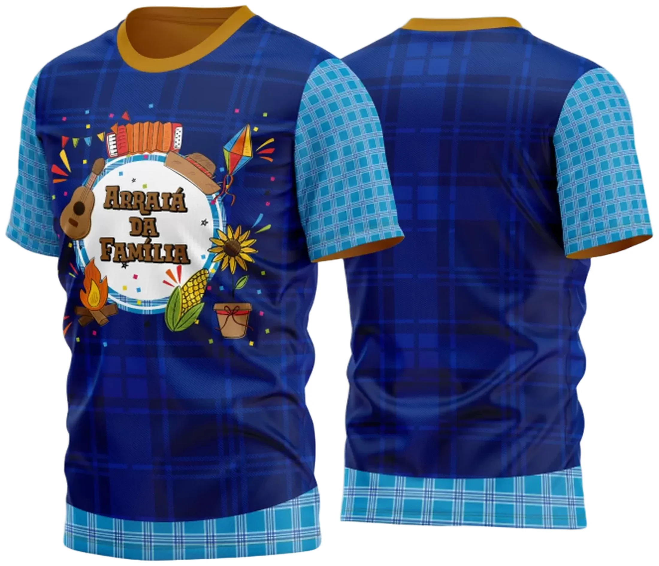 Camiseta unissex branca com logo no peito e estampa grande nas costas com tema Festa Junina Arraiá 2025, perfeita para celebrações típicas e clima festivo.