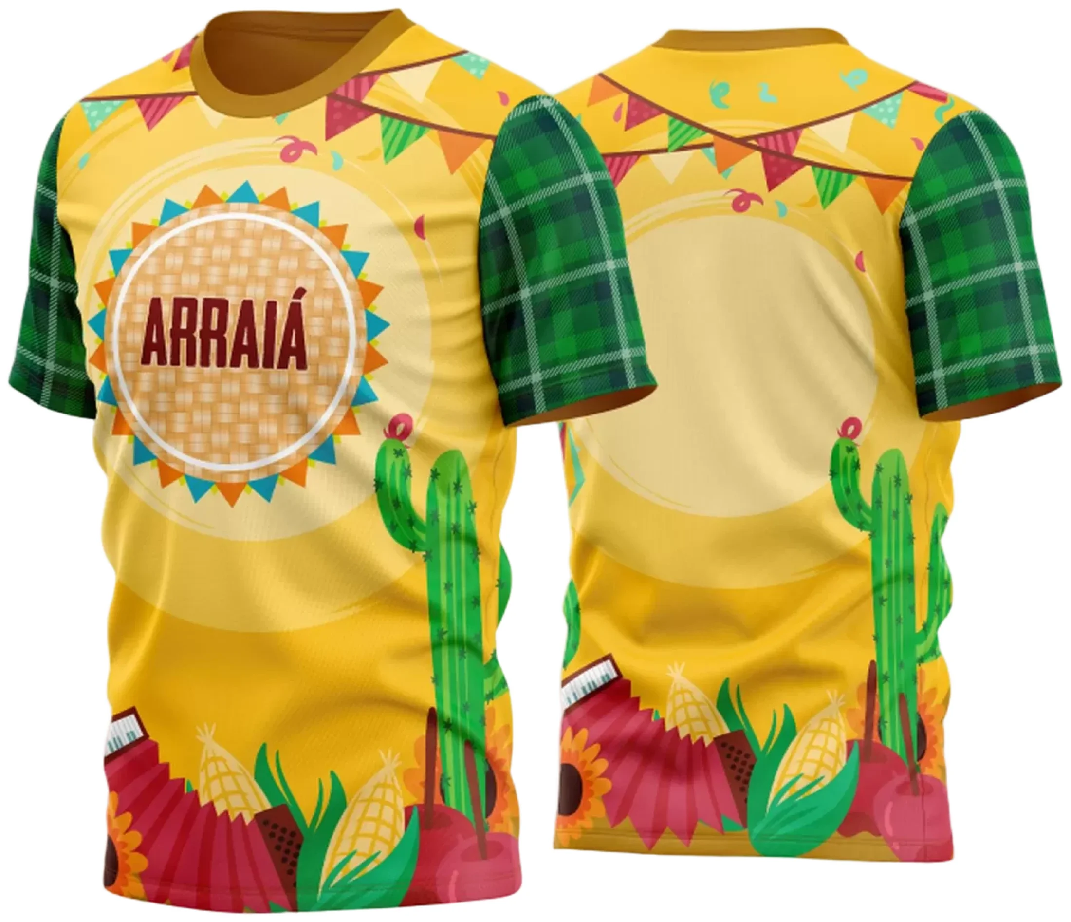 Camiseta unissex branca com logo no peito e estampa grande nas costas, temática Festa Junina Arraiá 2025, ideal para eventos e celebrações juninas com estilo e cor vibrante.