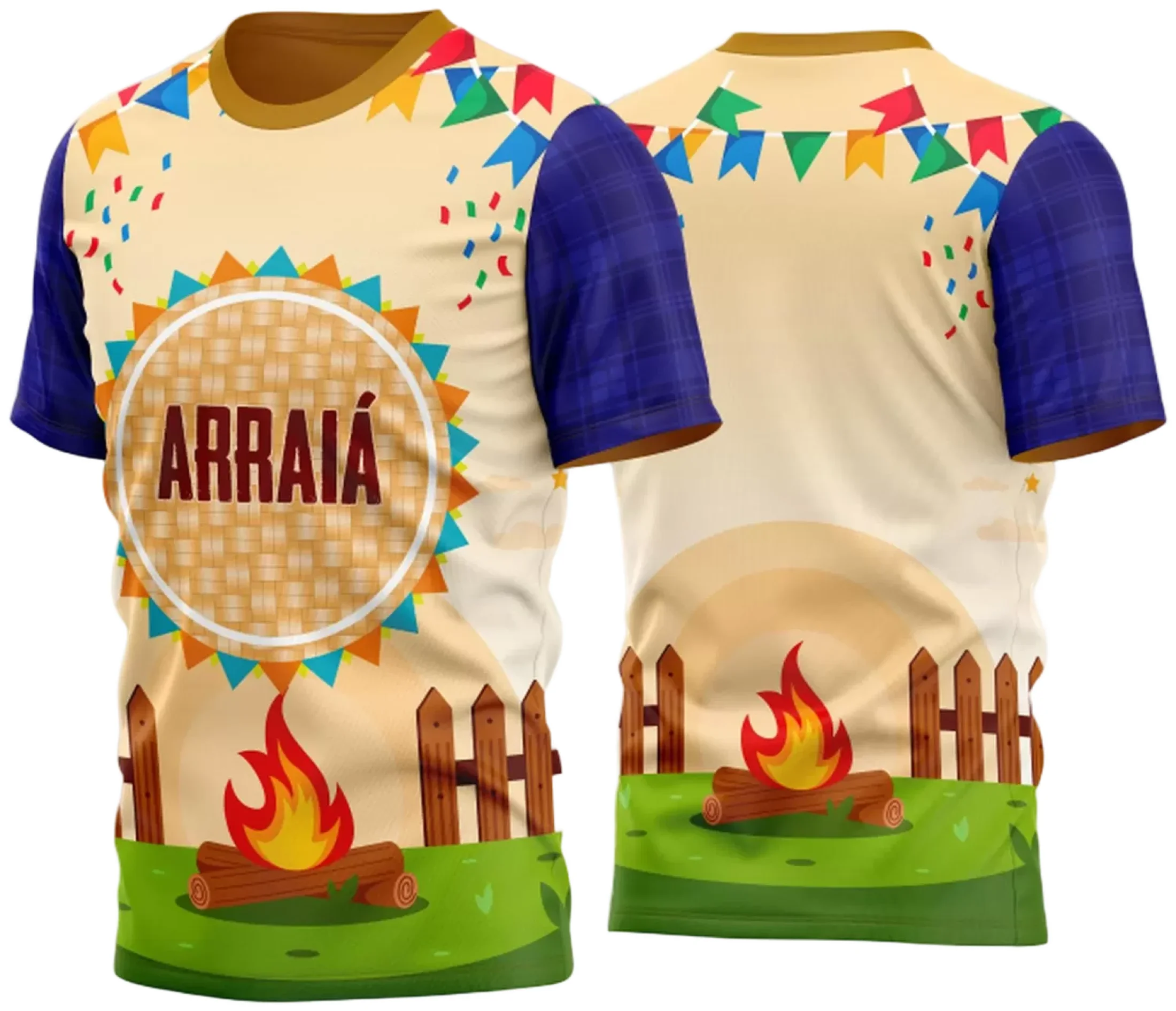 Camiseta unissex branca com logo no peito e estampa grande nas costas inspirada em Festa Junina Arraiá 2025, ideal para celebrar o clima festivo da tradicional festa brasileira.