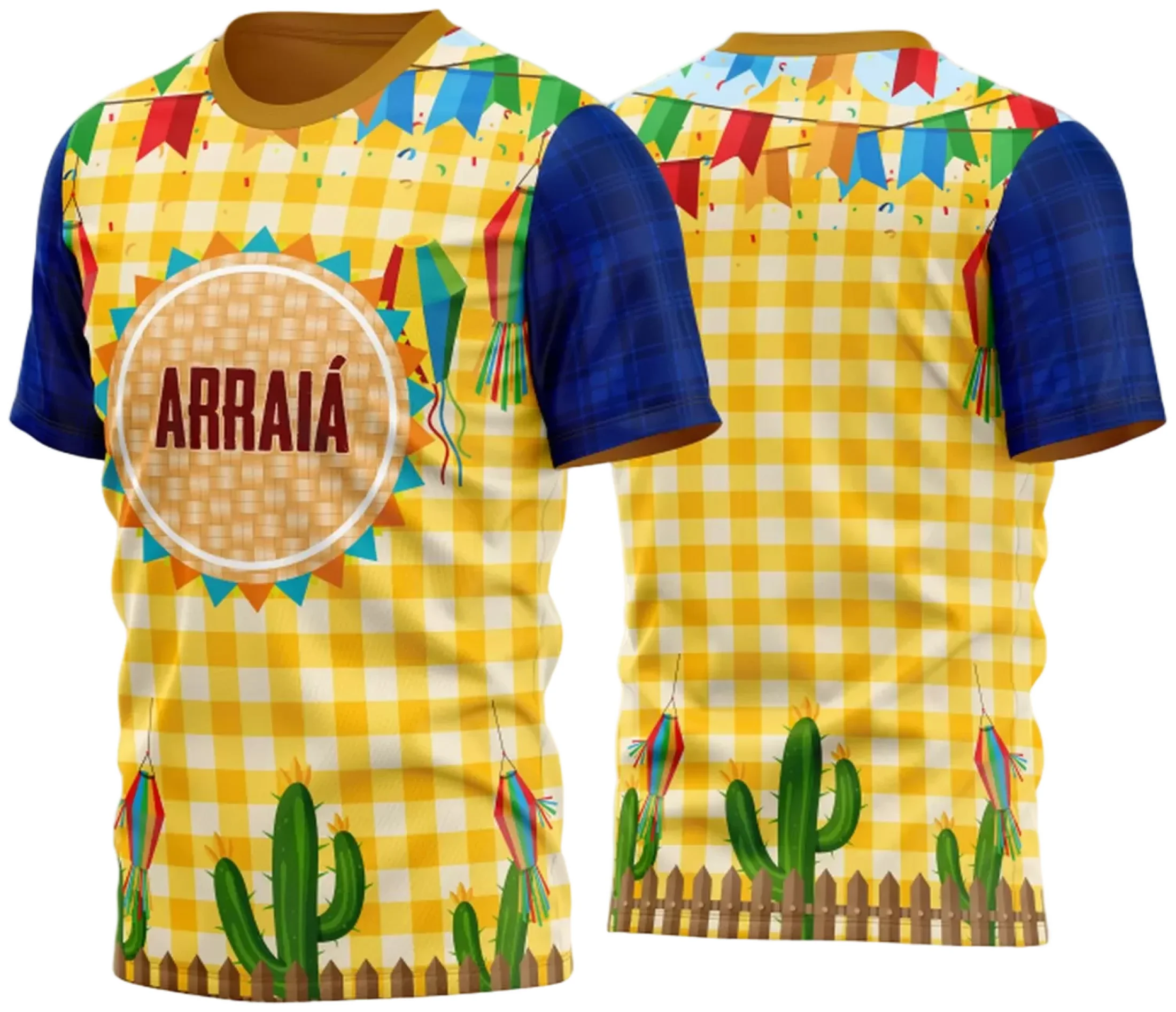 Camiseta unissex branca com logo no peito e estampa grande nas costas, tema Festa Junina Arraiá 2025, ideal para comemorações típicas e confraternizações.