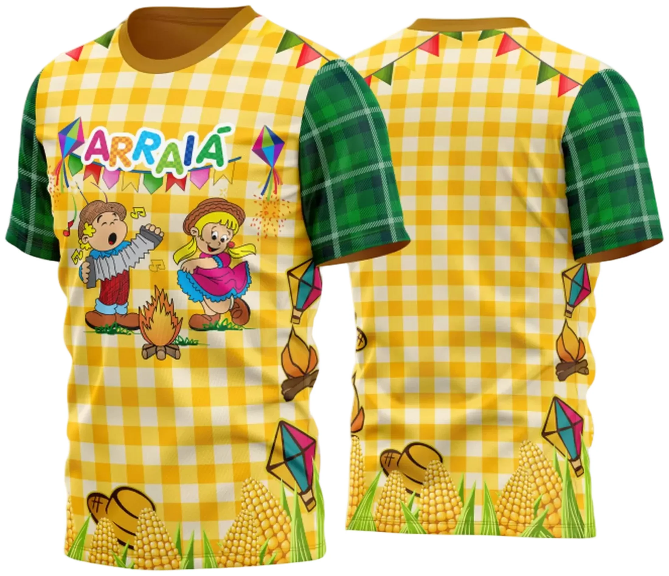 Camiseta unissex branca com logo no peito e estampa grande nas costas em tema Festa Junina Arraiá 2025, design colorido e alegre perfeito para celebrações juninas.
