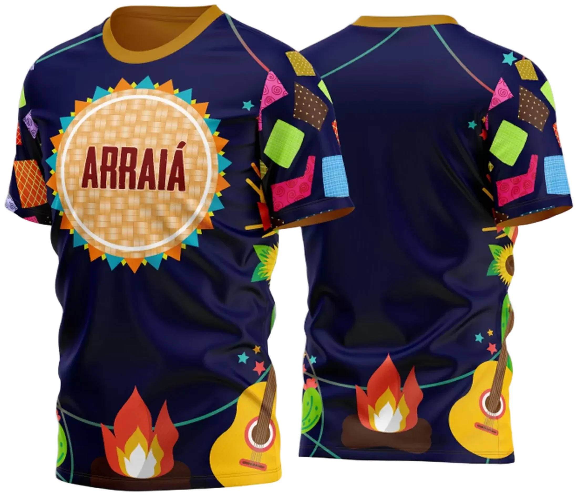 Camiseta unissex branca com logo no peito e estampa grande nas costas com tema Festa Junina Arraiá 2025 em cores vibrantes, ideal para festas juninas e eventos temáticos.