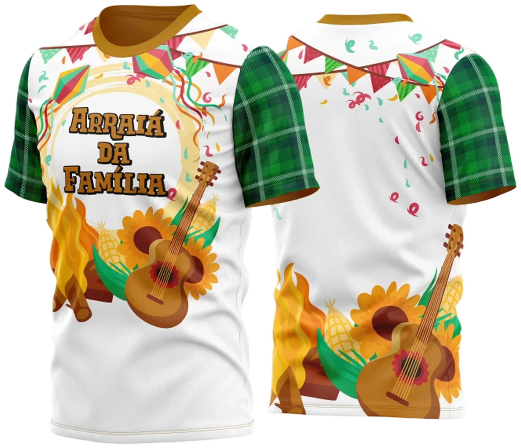 Camiseta unissex branca com logo no peito e estampa grande nas costas do tema Festa Junina Arraiá 2025, ótimo para quem quer curtir o evento com estilo e tradição.