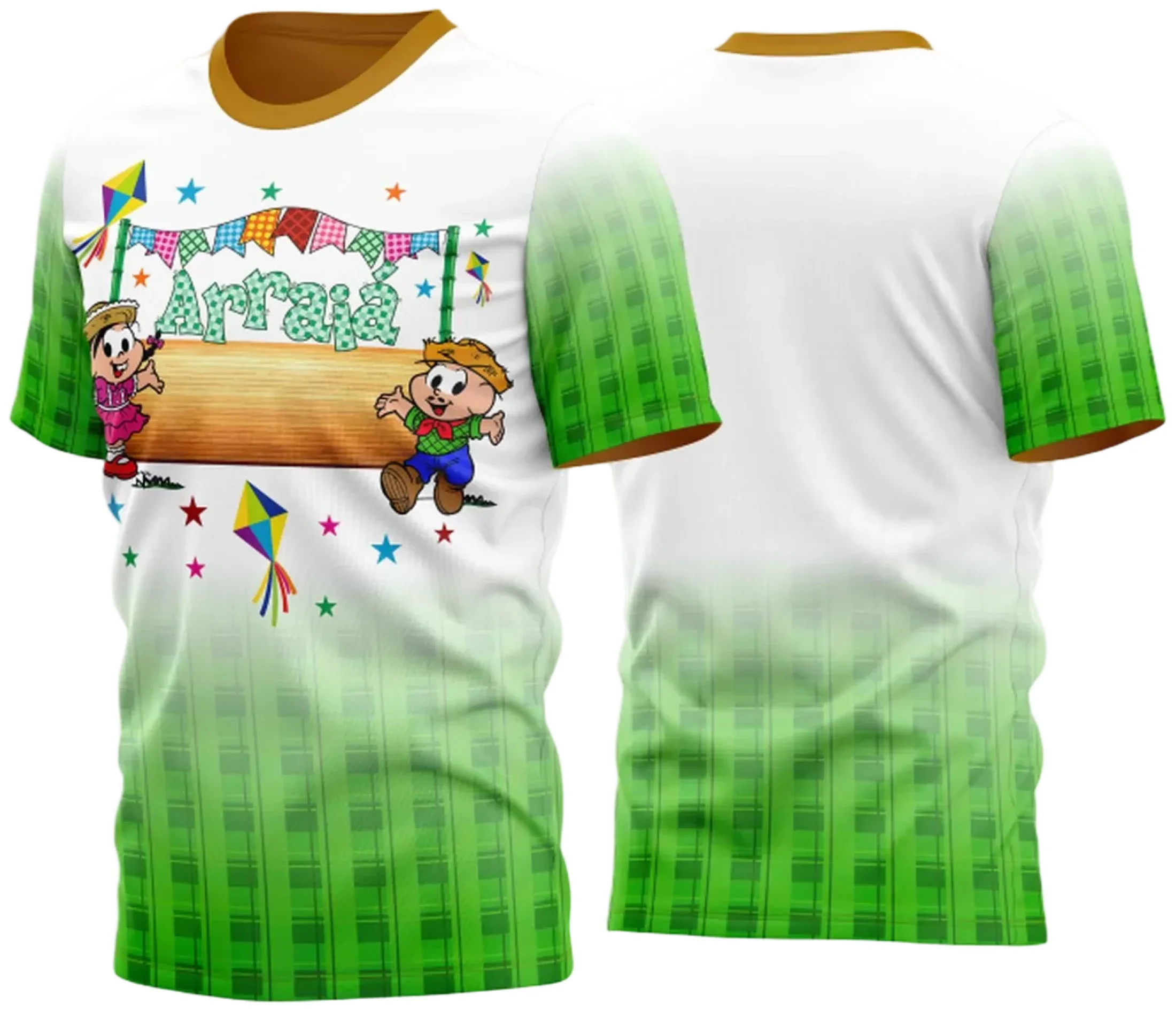 Camiseta unissex branca com logo no peito e estampa grande nas costas, tema Festa Junina Arraiá 2025, ideal para arrasar no clima da festa típica e colorida.