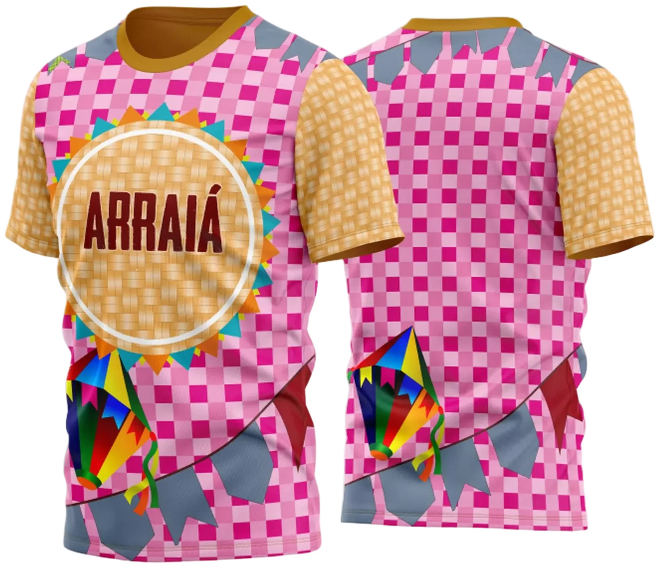 Camiseta unissex branca com logo no peito e estampa grande nas costas, tema Festa Junina Arraiá 2025, visual vibrante e alegre para celebrar com estilo.