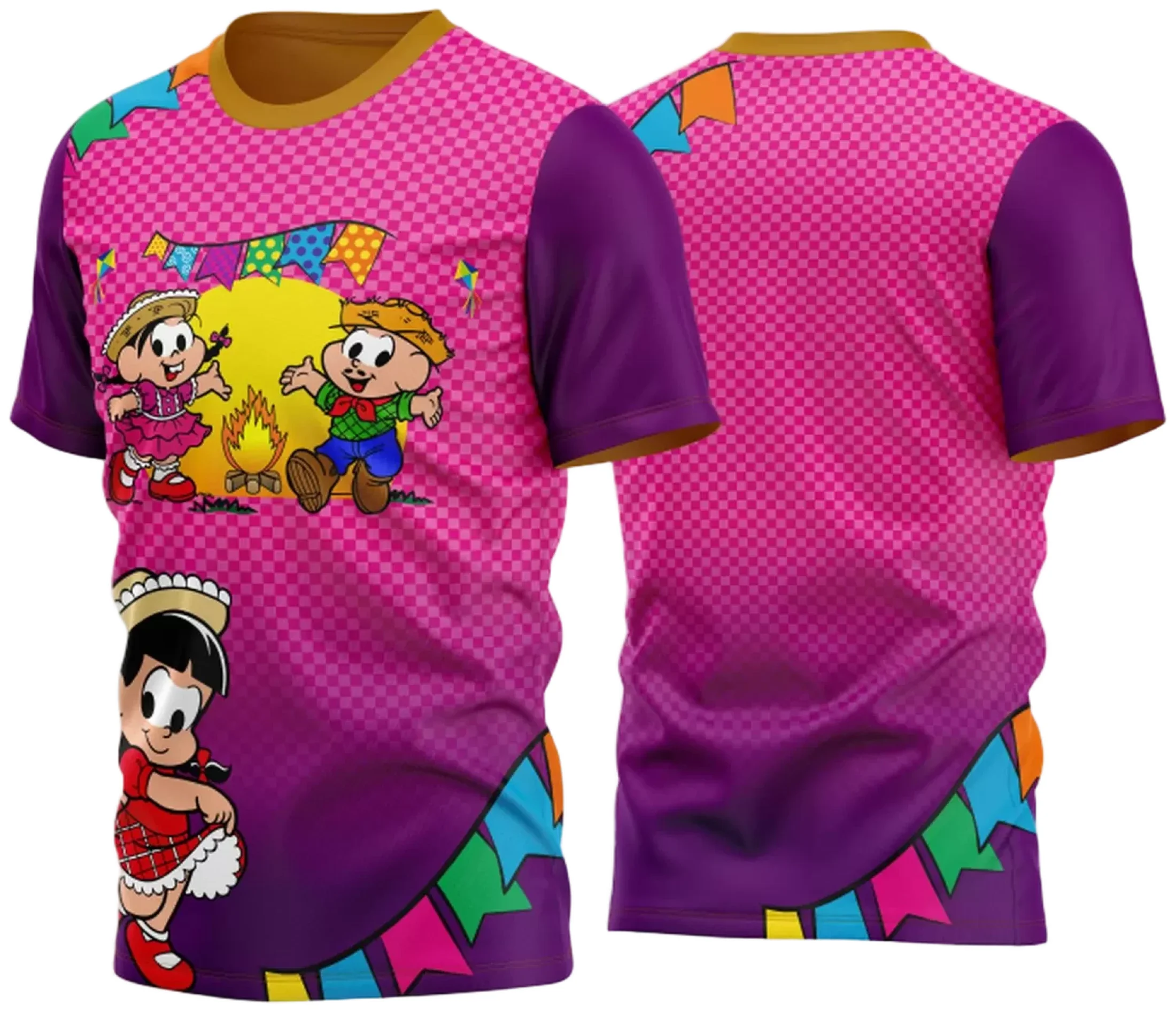 Camiseta unissex branca com logo no peito e estampa grande nas costas temática Festa Junina Arraiá 2025, perfeita para celebrar a tradicional festa com estilo e conforto.