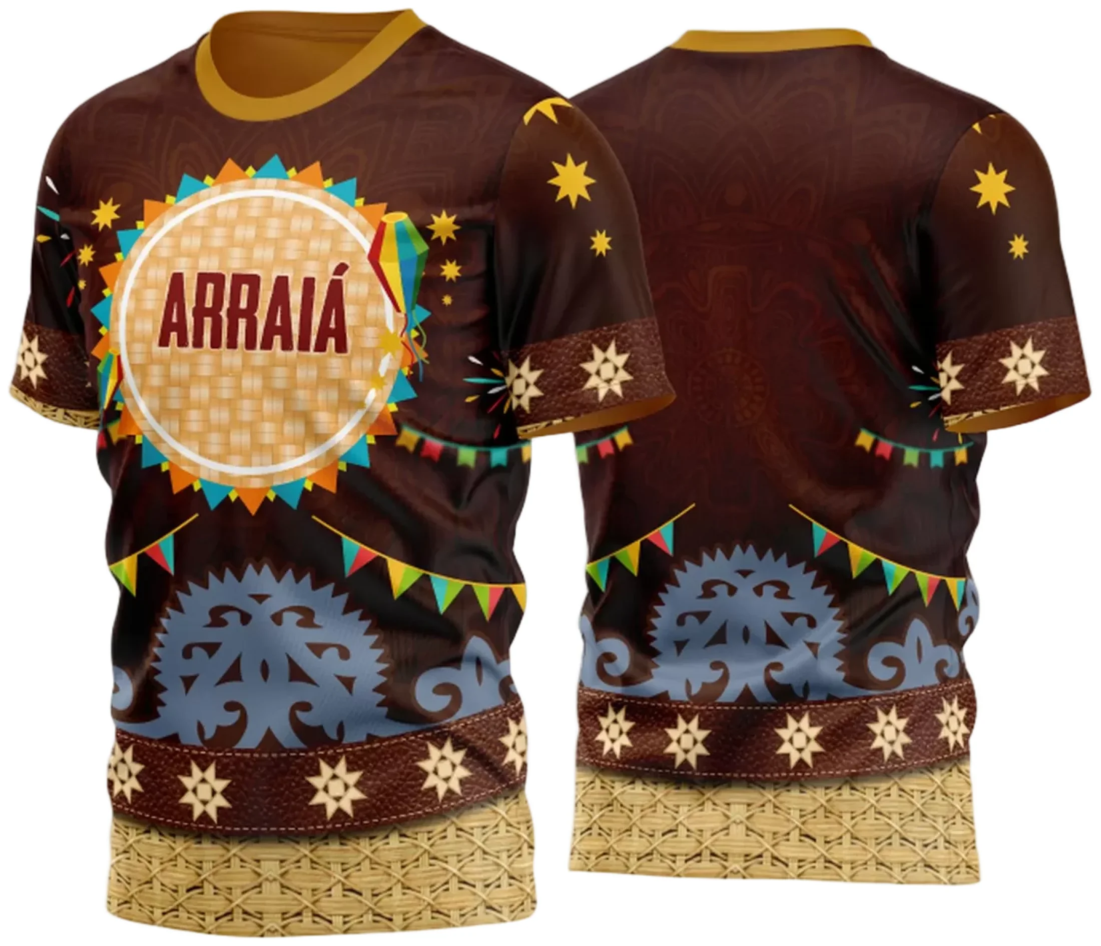 Camiseta unissex branca com logo no peito e estampa grande nas costas, temática Festa Junina Arraiá 2025, ideal para comemorações típicas e eventos juninos.