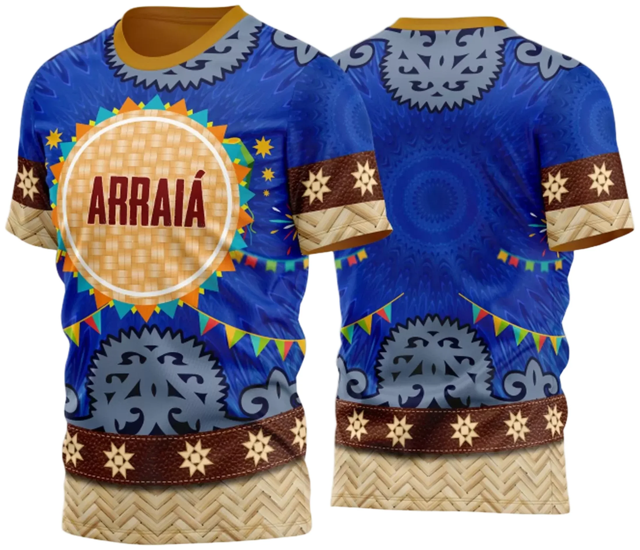 Camiseta unissex branca com logo no peito e estampa grande nas costas com tema Festa Junina Arraiá 2025, estilo alegre e tradicional para usar nas comemorações juninas.