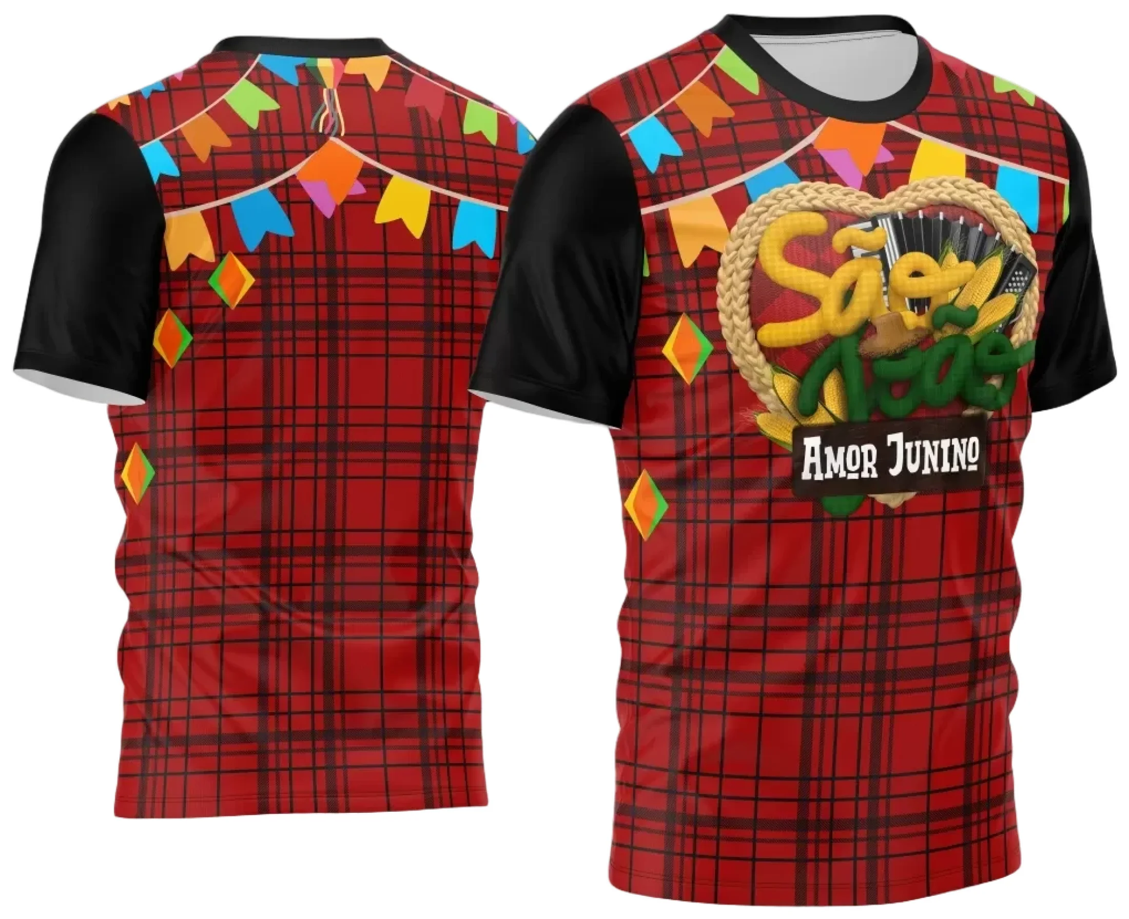 Camiseta unissex branca com logo no peito e estampa grande nas costas com tema Festa Junina Arraiá 2025, ideal para celebrar com estilo e autenticidade nas festas juninas.