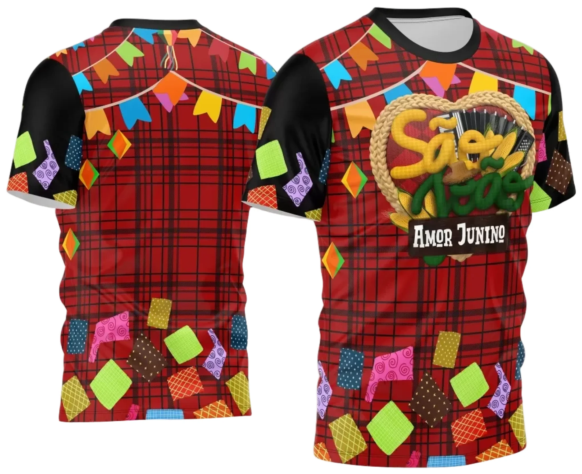 Camiseta unissex branca com logo no peito e estampa grande nas costas, tema Festa Junina Arraiá 2025, ideal para celebrações juninas com estilo e conforto.