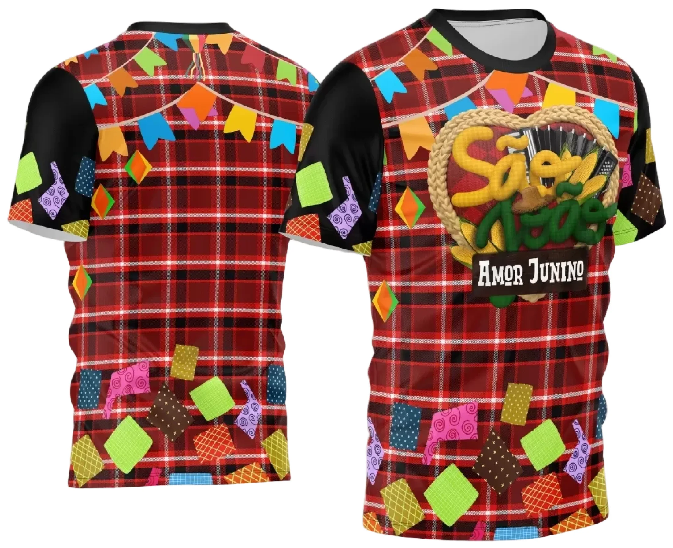 Camiseta unissex branca com logo no peito e estampa grande nas costas com tema Festa Junina Arraiá 2025, perfeita para celebrações juninas com estilo e tradição.