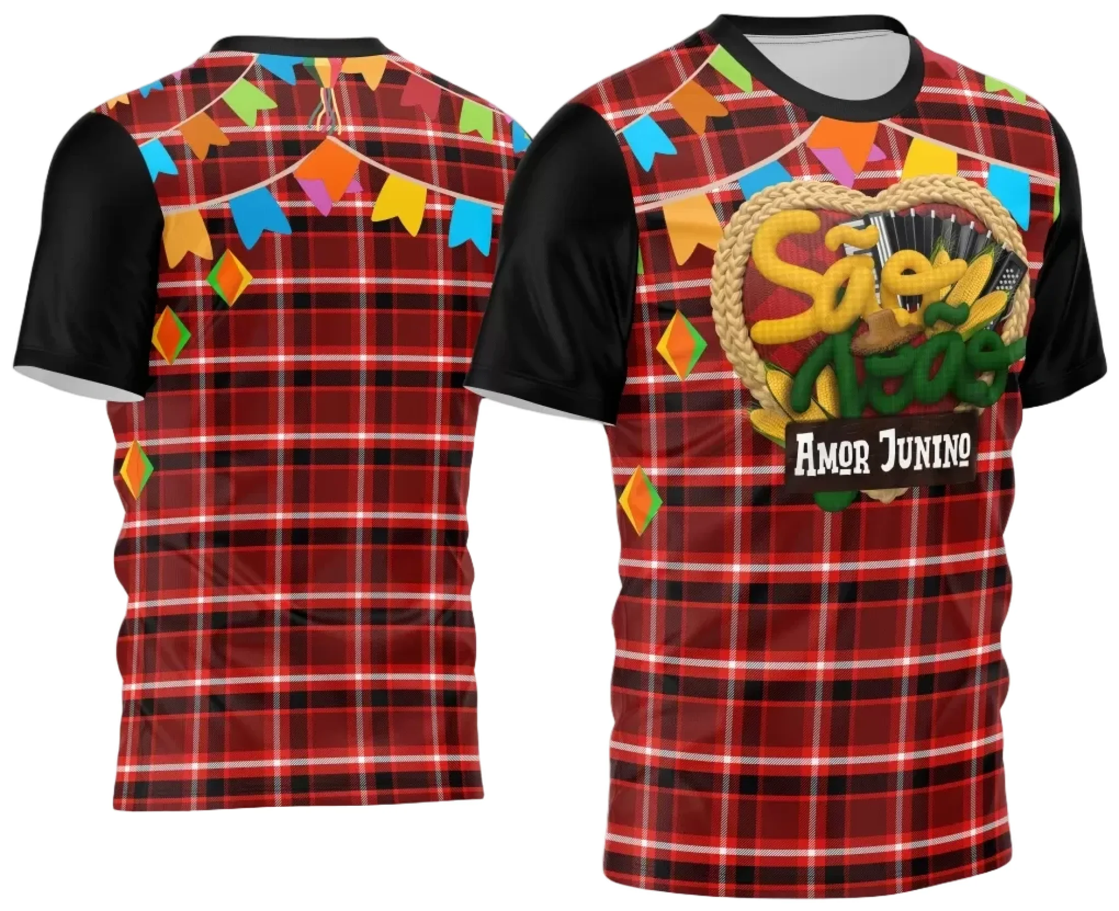 Camiseta unissex branca com logo no peito e estampa grande nas costas com tema Festa Junina Arraiá 2025, perfeita para festas típicas, conforto e estilo garantidos.