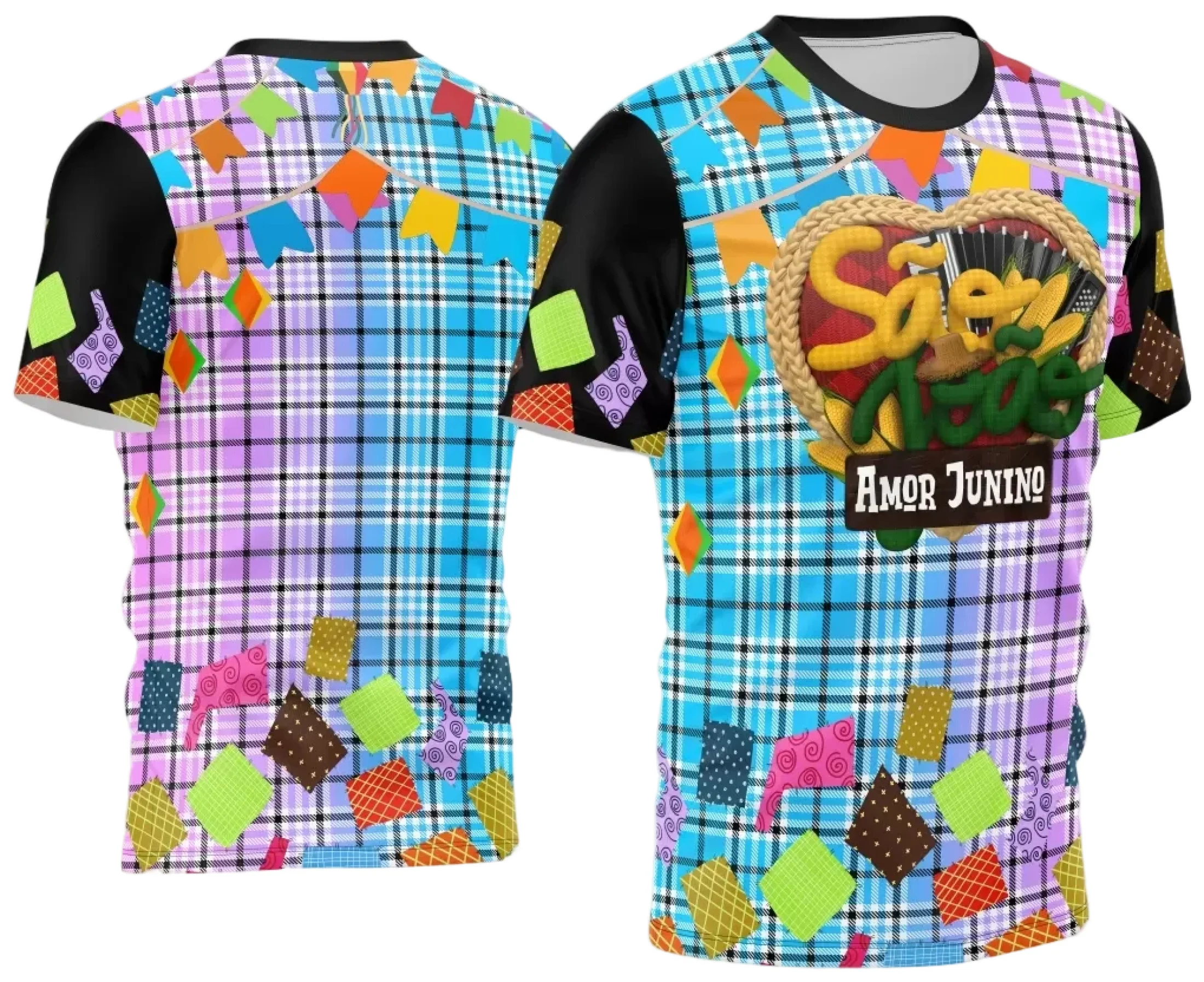 Camiseta unissex branca com logo no peito e estampa grande nas costas, tema Festa Junina Arraiá 2025, perfeita para celebrações típicas, confortável e estilosa.