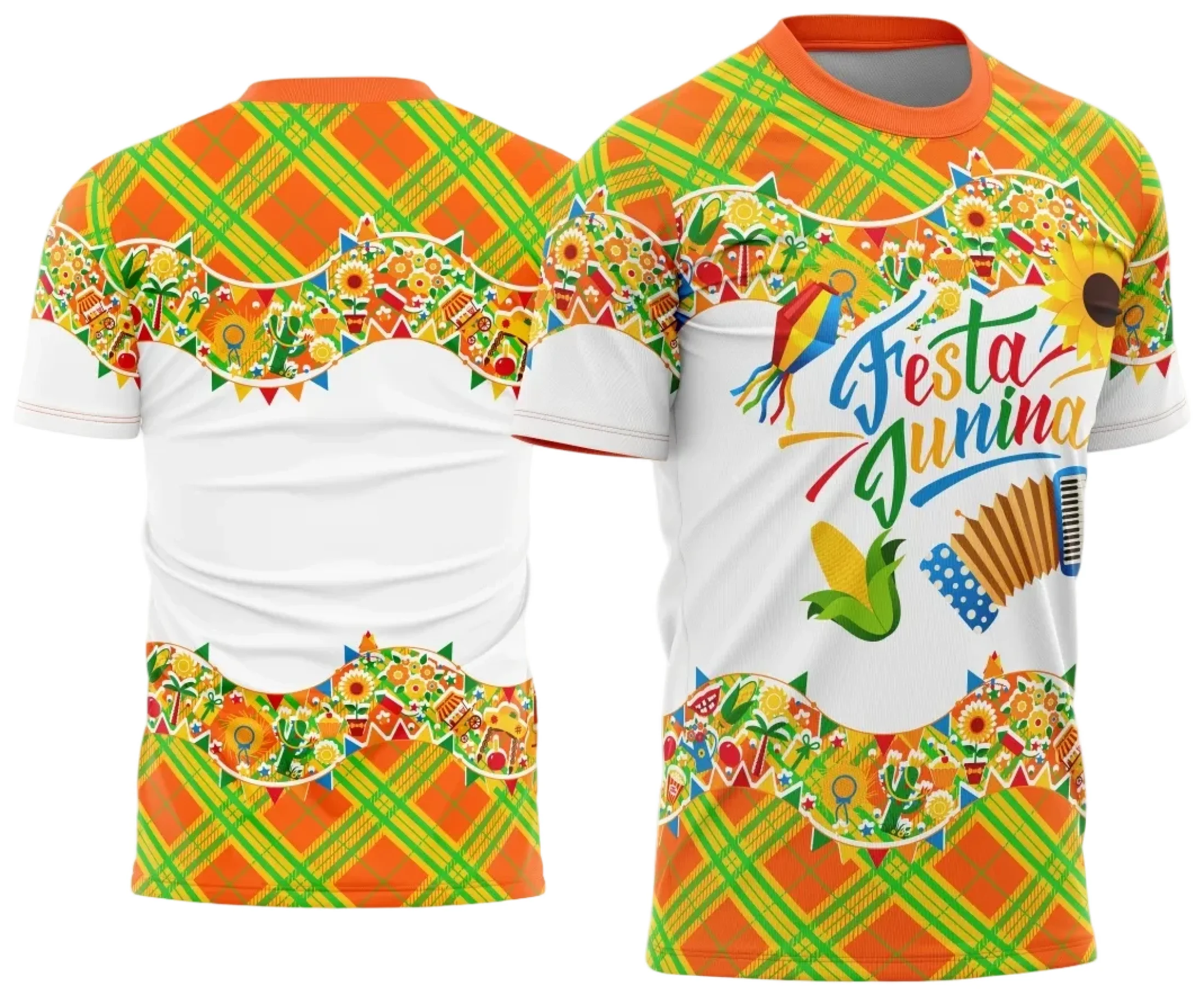 Camiseta unissex branca com logo no peito e estampa grande nas costas com tema Festa Junina Arraiá 2025, ideal para celebrar a tradição da festa junina com estilo e conforto.
