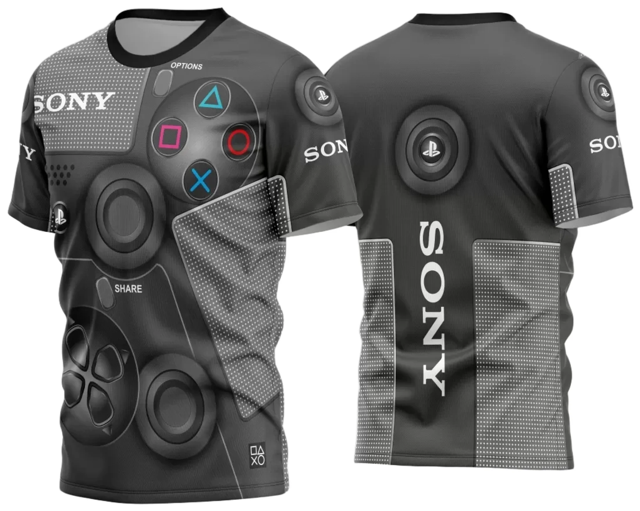 Camiseta unissex preta com logo no peito e estampa grande nas costas com tema game 2024 2025, mostrando estilo moderno e atraente para fãs de jogos.